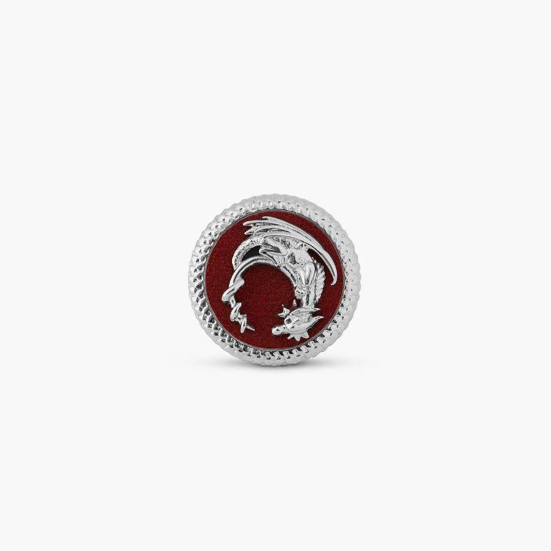 Palladium plated Dragon pin with burgundy leather

Inspired by legendary mystical animals, these stylish cufflinks feature hand-carved wyverns and dragons. In traditional folklore, the 