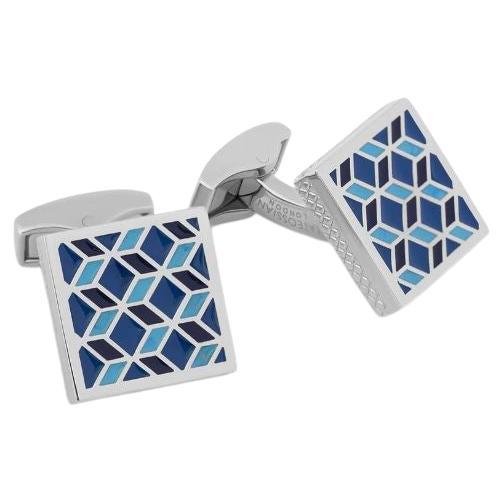 Palladium Plated Geometric Cufflinks with Blue Enamel For Sale
