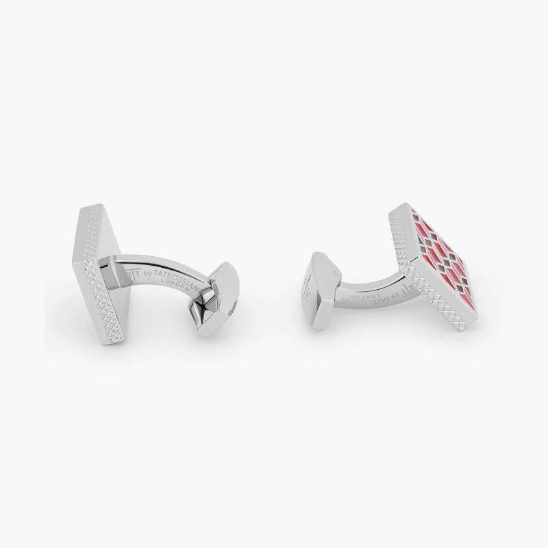 Palladium plated Geometric cufflinks with red enamel

These edgy cufflinks are the latest addition to our enamel cufflinks collection. They feature a geometric diamond pattern that creates the illusion of 3D cubes. They have been carefully