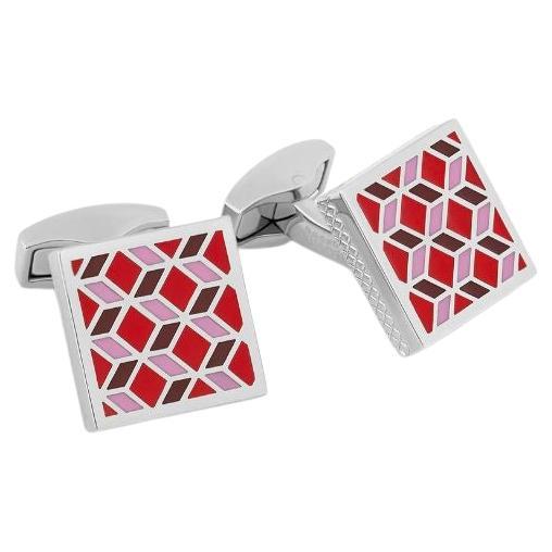 Palladium Plated Geometric Cufflinks with Red Enamel For Sale