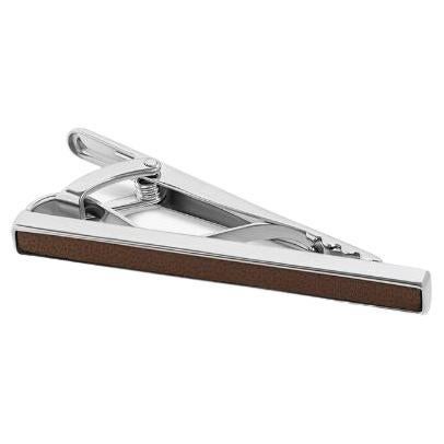 Palladium Plated Tie Clip with Brown Leather