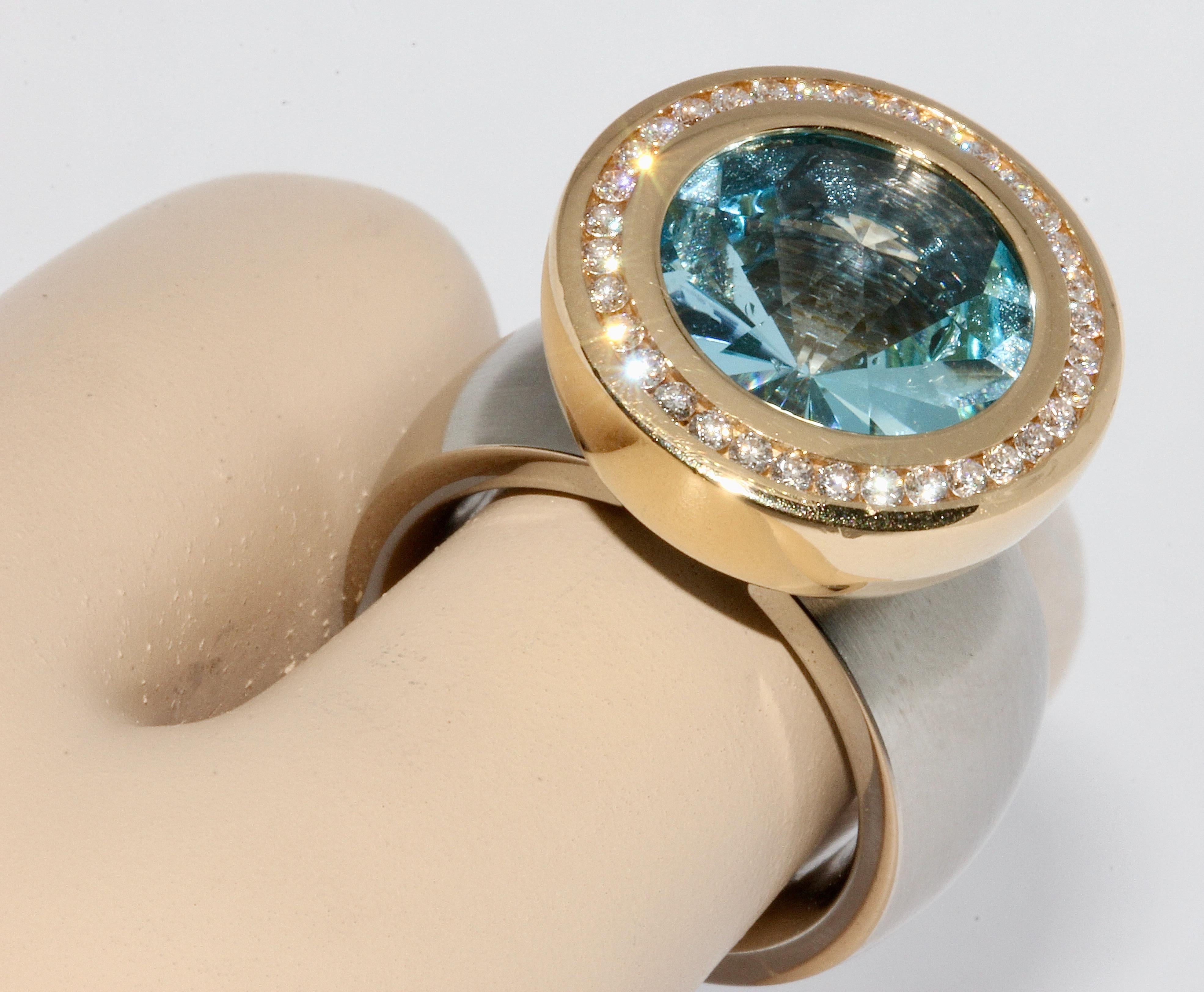 Palladium with 18k Gold, Designer Ring by Rohrbacher, Aquamarine and Diamonds For Sale 2