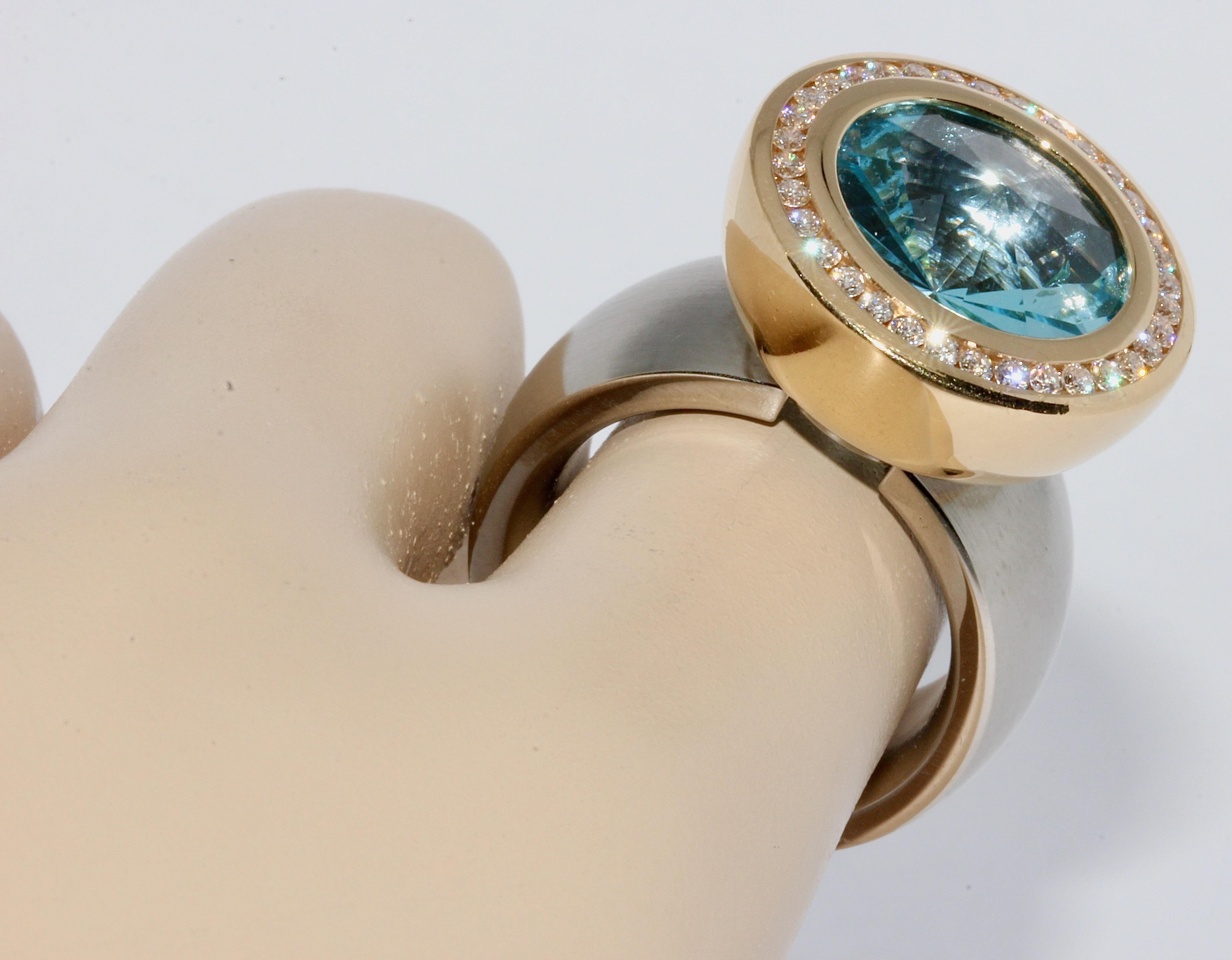 Palladium with 18k Gold, Designer Ring by Rohrbacher, Aquamarine and Diamonds For Sale 3