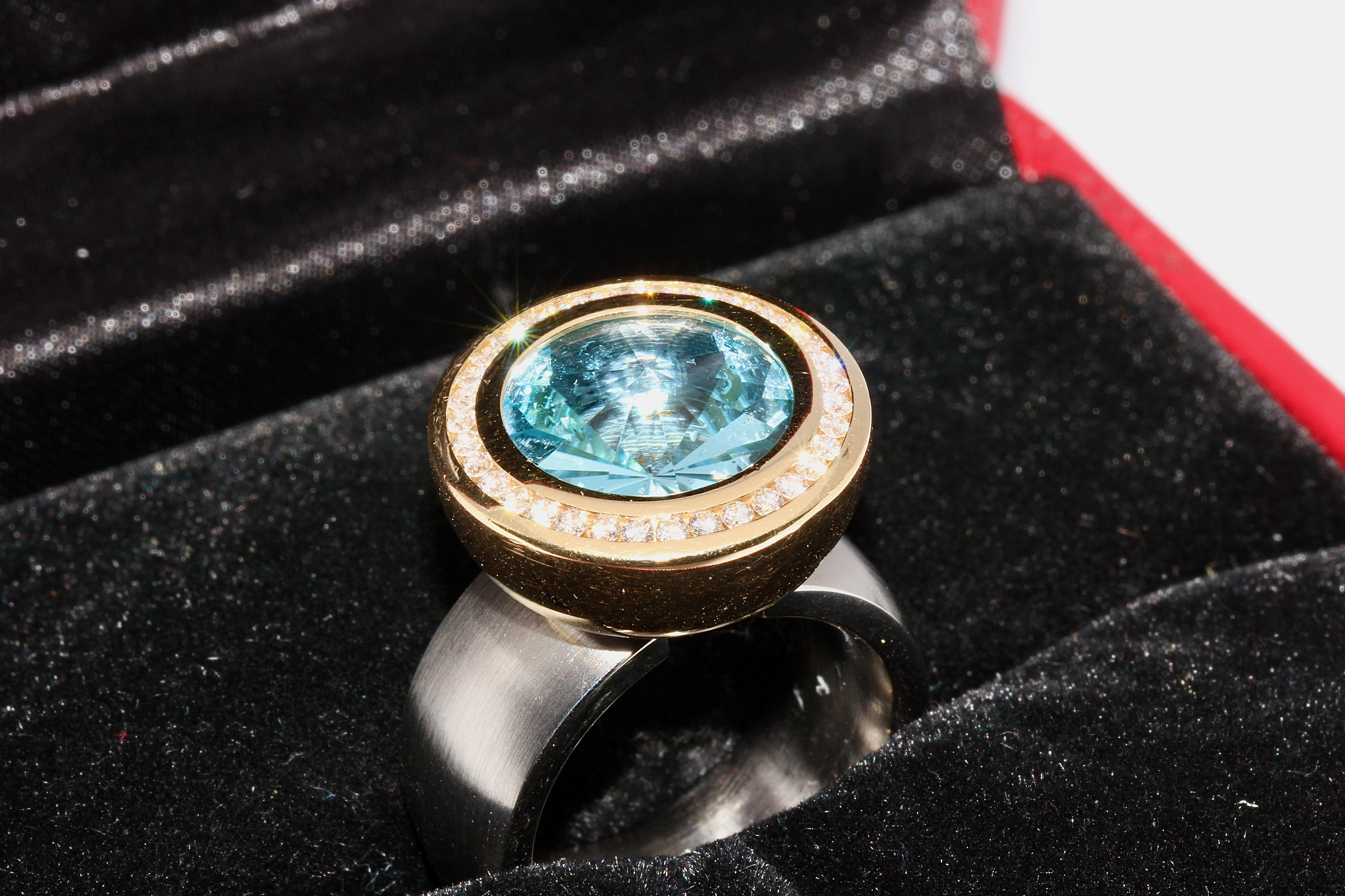 Women's Palladium with 18k Gold, Designer Ring by Rohrbacher, Aquamarine and Diamonds For Sale