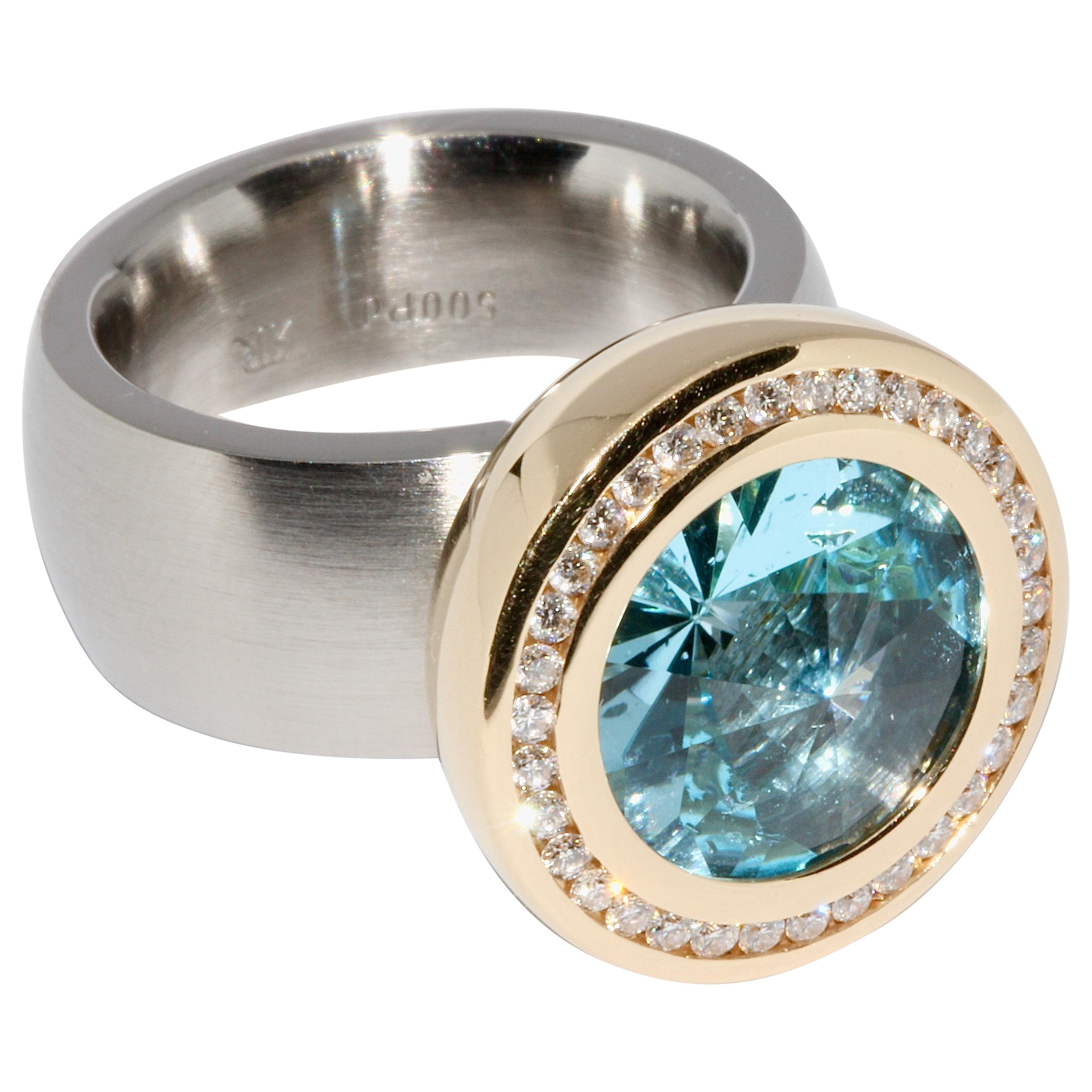 Palladium with 18k Gold, Designer Ring by Rohrbacher, Aquamarine and Diamonds For Sale