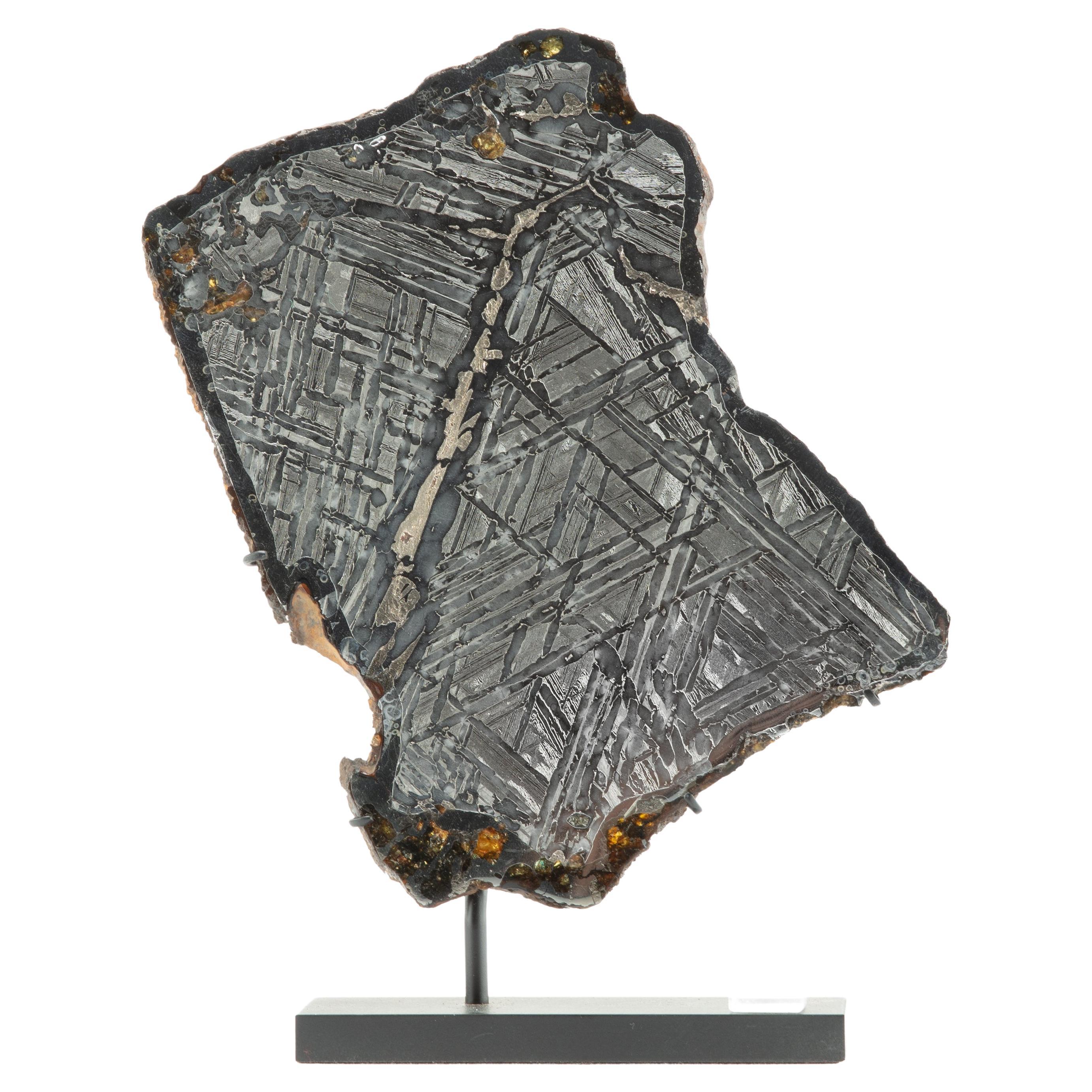 Pallasite Meteorite sur base en métal faite sur mesure en vente