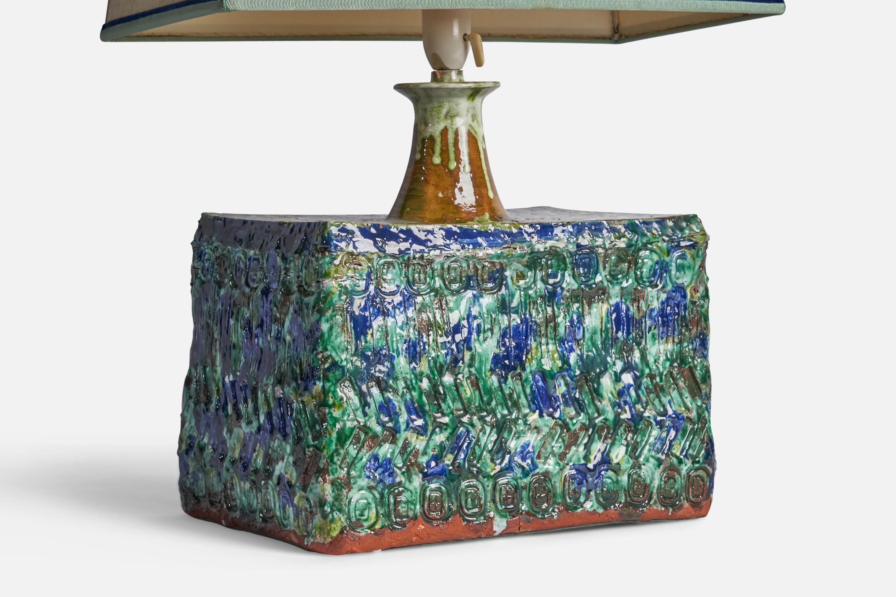 Danish Palle Jensen, Sizeable Table Lamp, Stoneware, Fabric, Denmark, 1960s For Sale