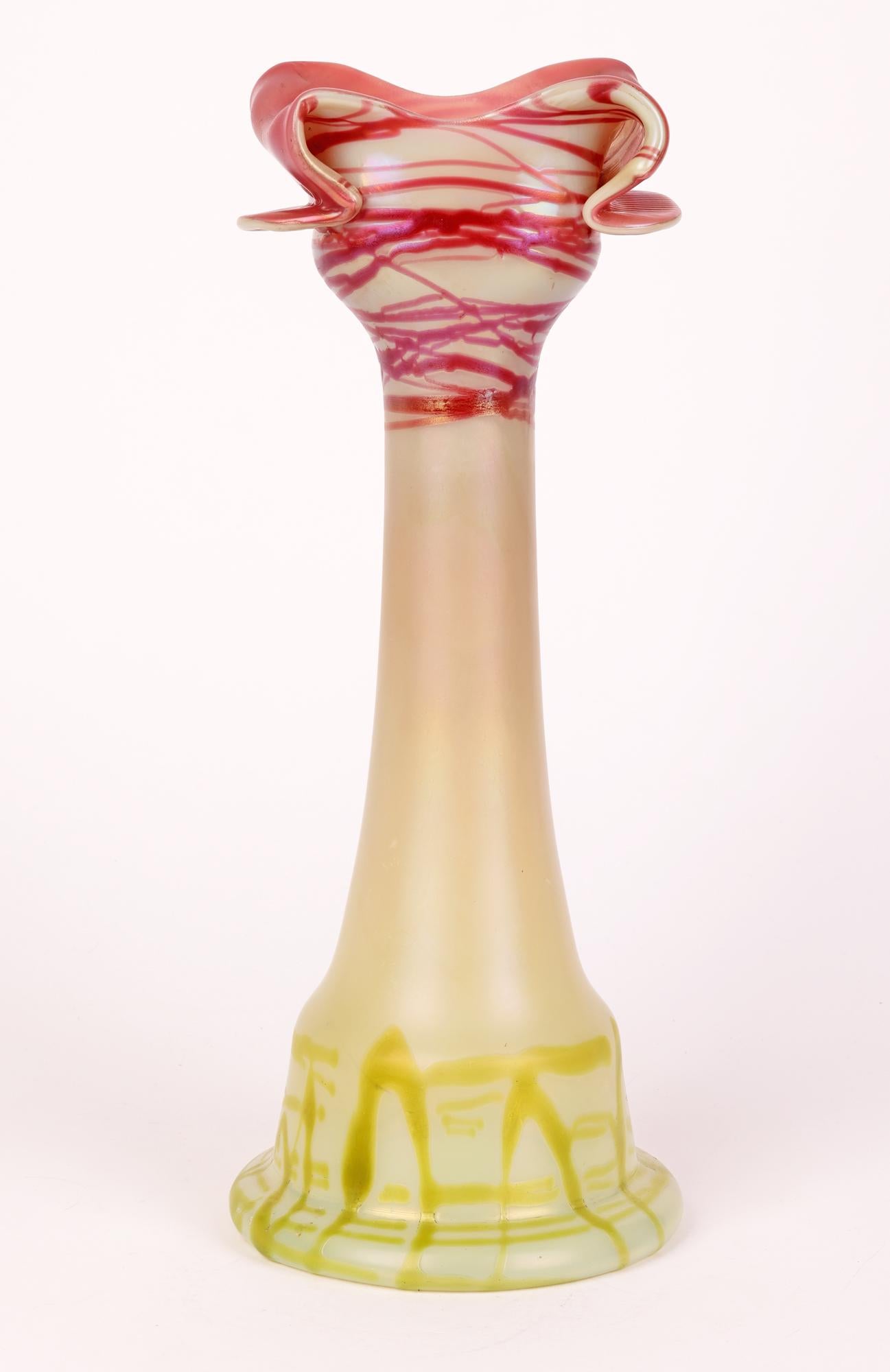 Blown Glass Pallme-Konig Art Nouveau Tall Floral Threaded Art Glass Vase   For Sale