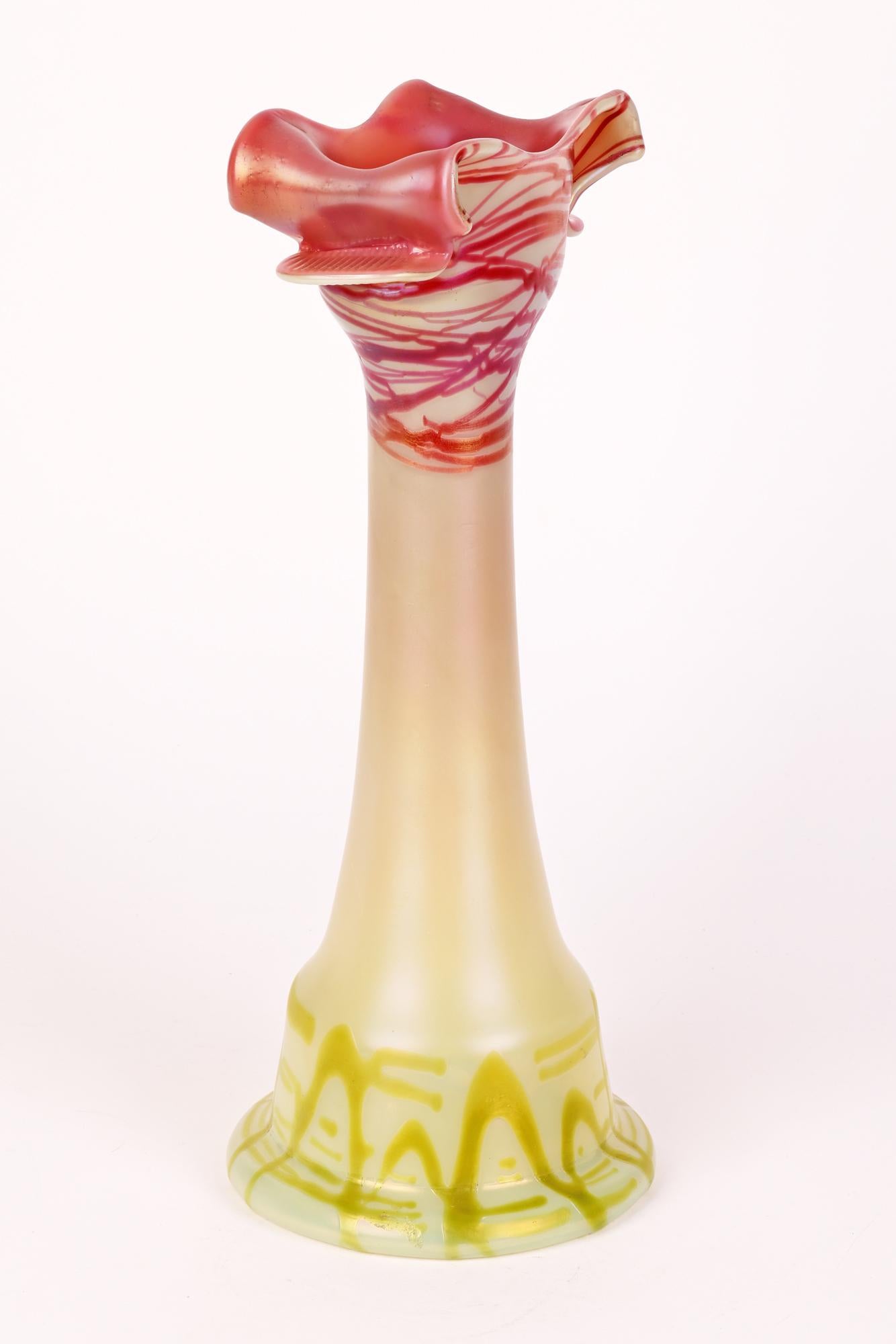 Hand-Crafted Pallme-Konig Art Nouveau Tall Floral Threaded Art Glass Vase For Sale