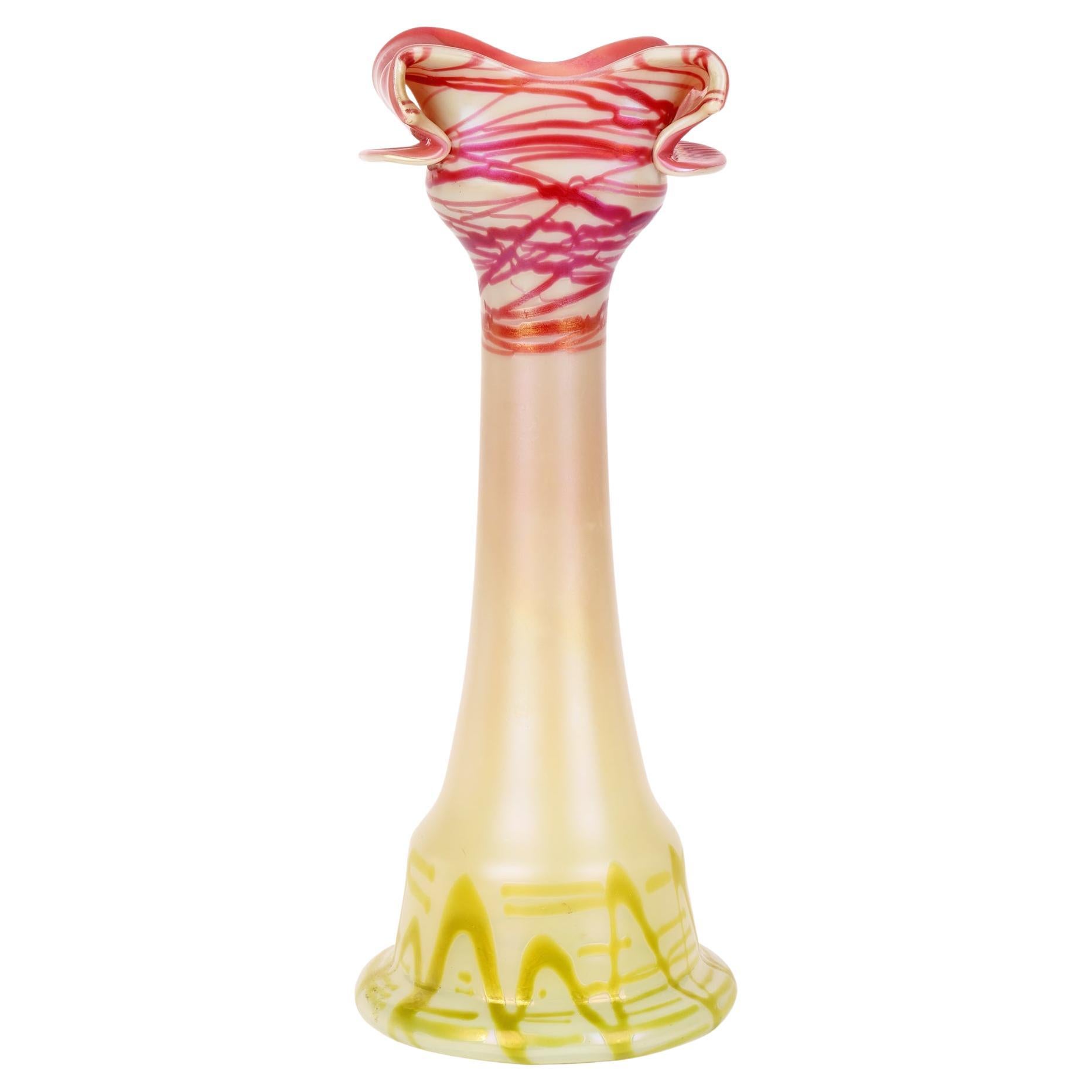 Pallme-Konig Art Nouveau Tall Floral Threaded Art Glass Vase  