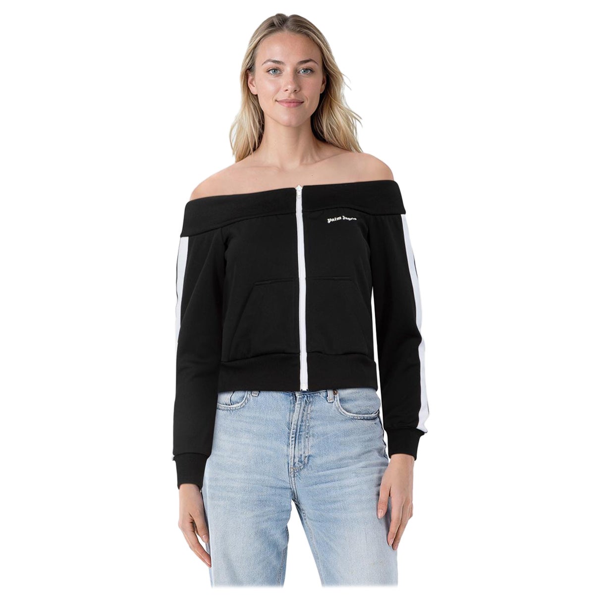 Palm Angels Black Off The Shoulder Track Jacket Taille S en vente