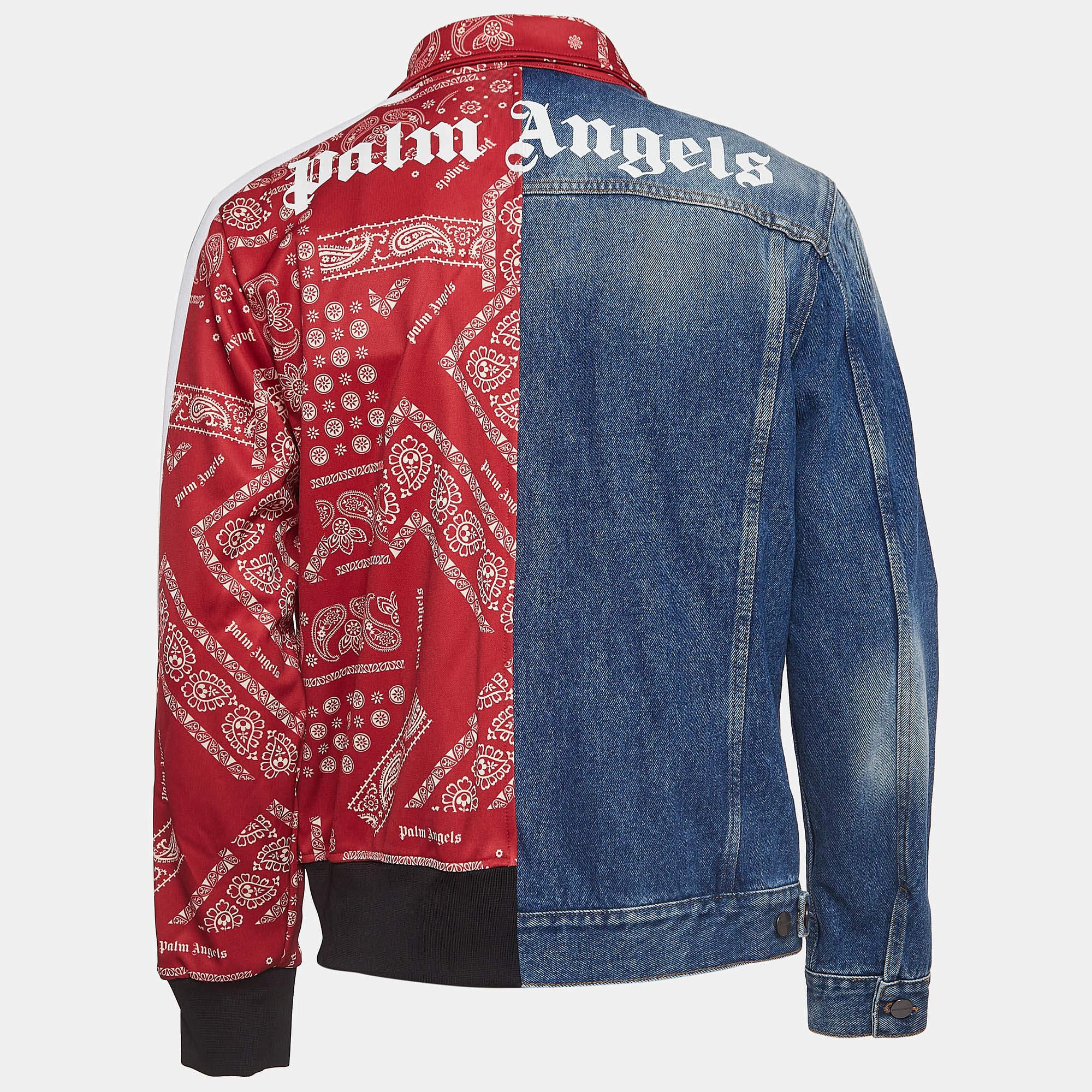 The Palm Angels jacket exudes urban sophistication. Crafted from high-quality denim, it features a striking split bandana print in bold blue and red hues, adding a touch of edgy flair. With its tailored fit and attention to detail, it's a statement