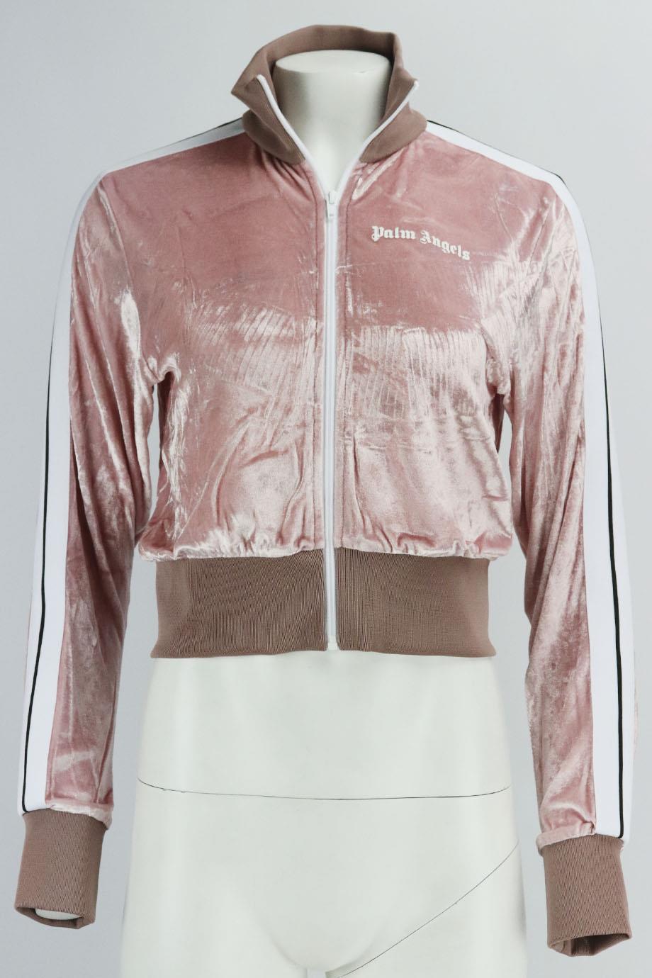 Palm Angels cropped striped printed velvet track jacket. Pink, white and black. Long sleeve, turtleneck. Zip fastening at front. 80% Viscose, 14% polyamide; rib: 96% polyester, 4% elastane; details: 100% polyester. Size: Medium (UK 10, US 6, FR 38,