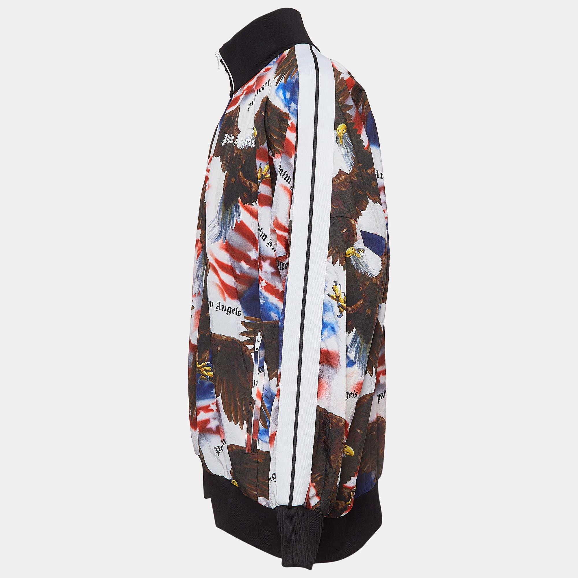 Women's Palm Angels Multicolor Eagle Print Nylon Zip Front Bomber Jacket XL