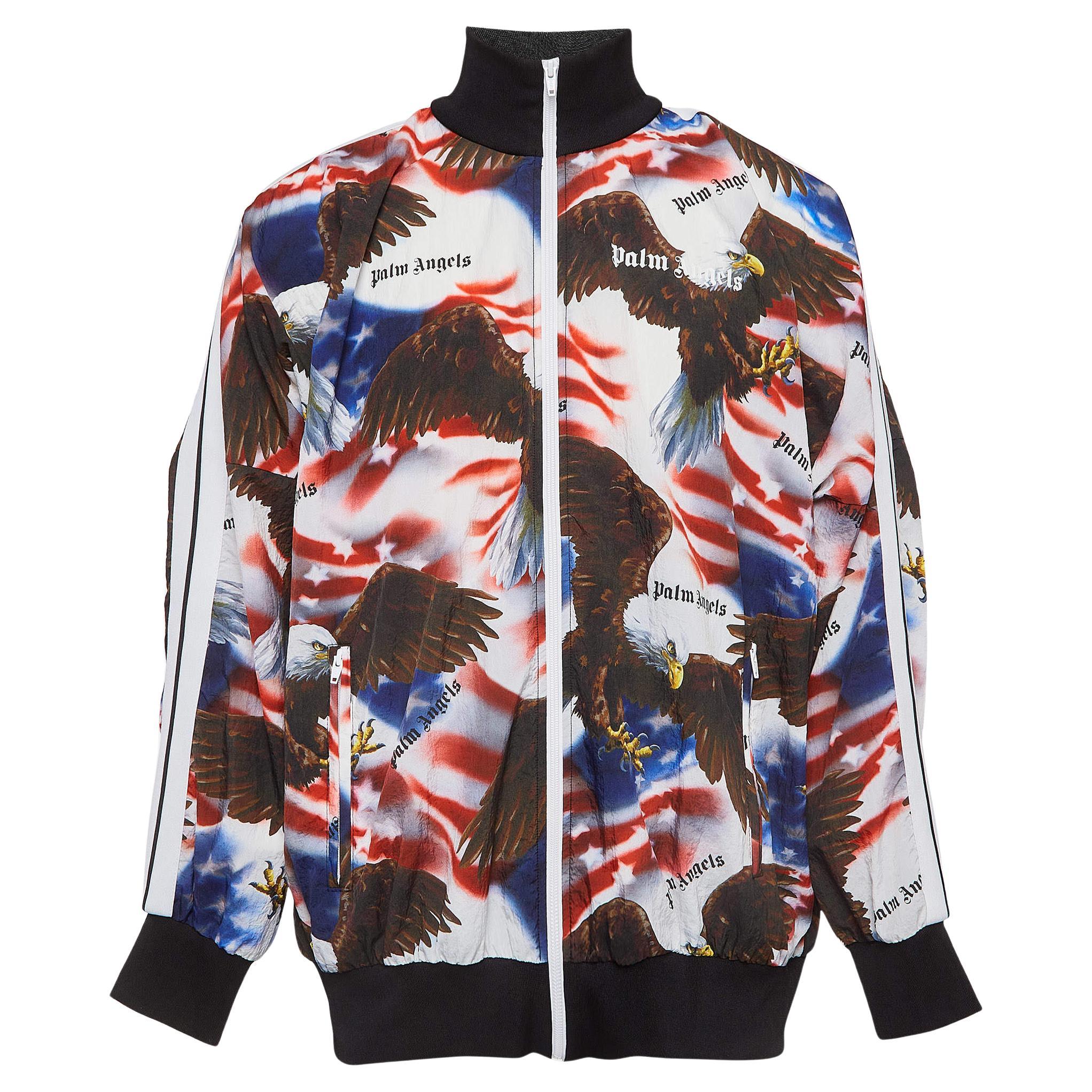 Palm Angels Multicolor Eagle Print Nylon Zip Front Bomber Jacket XL