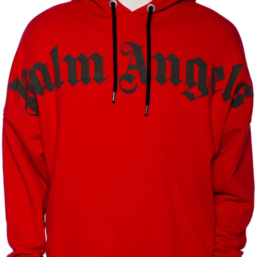 Palm Angels Red Cotton Logo Printed Hoodie M For Sale 4