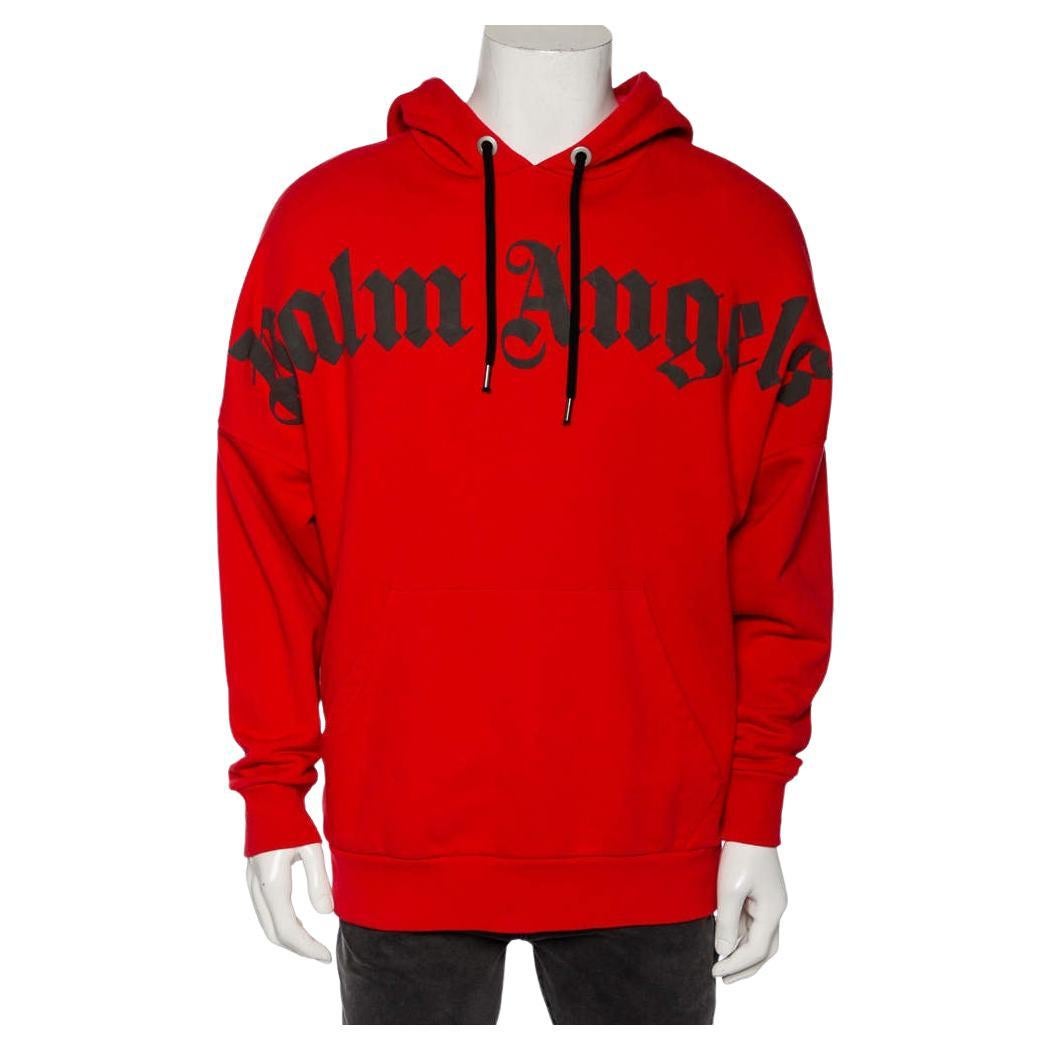 Palm Angels Red Cotton Logo Printed Hoodie M For Sale