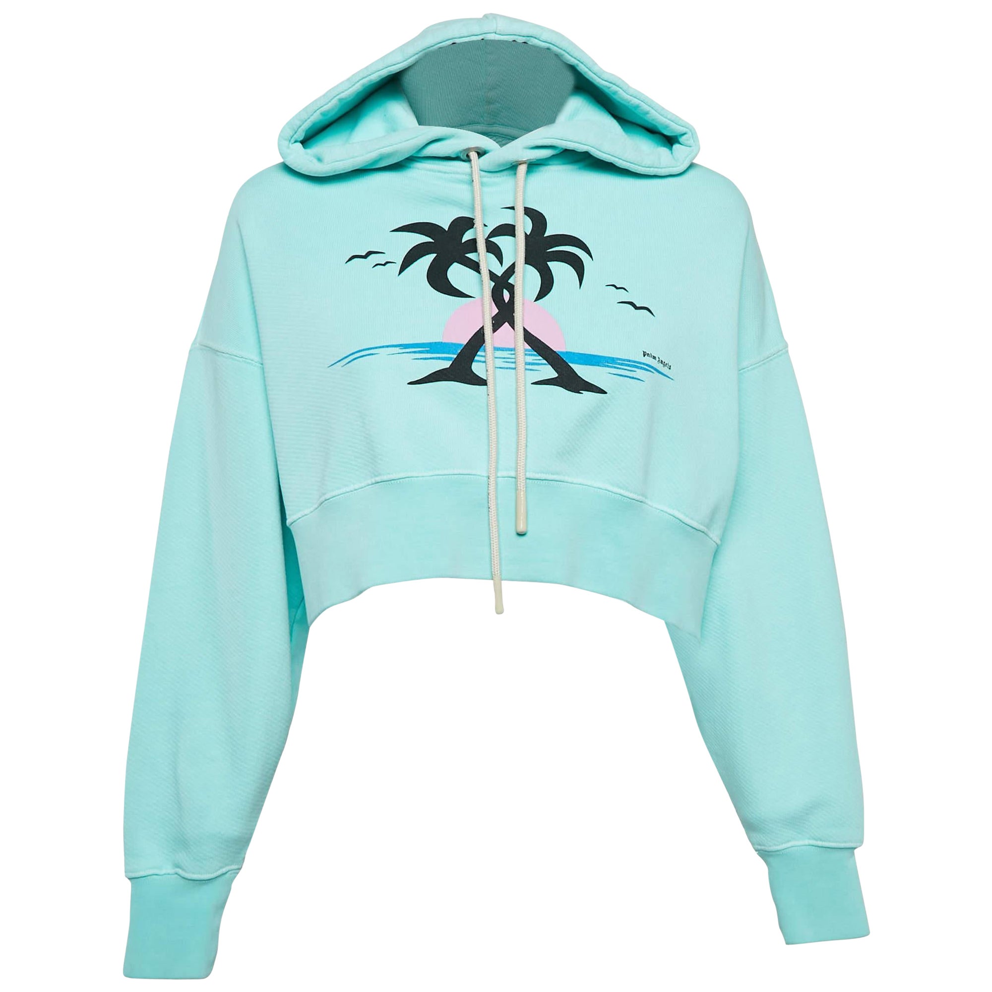 Palm Angels Seafoam Grüner Hugging-Baumwoll-Crop- Hoodie mit Palmendruck XS im Angebot