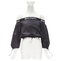 PALM ANGELS Y2K logo band nero nylon coulisse toggle off shoulder top XS
