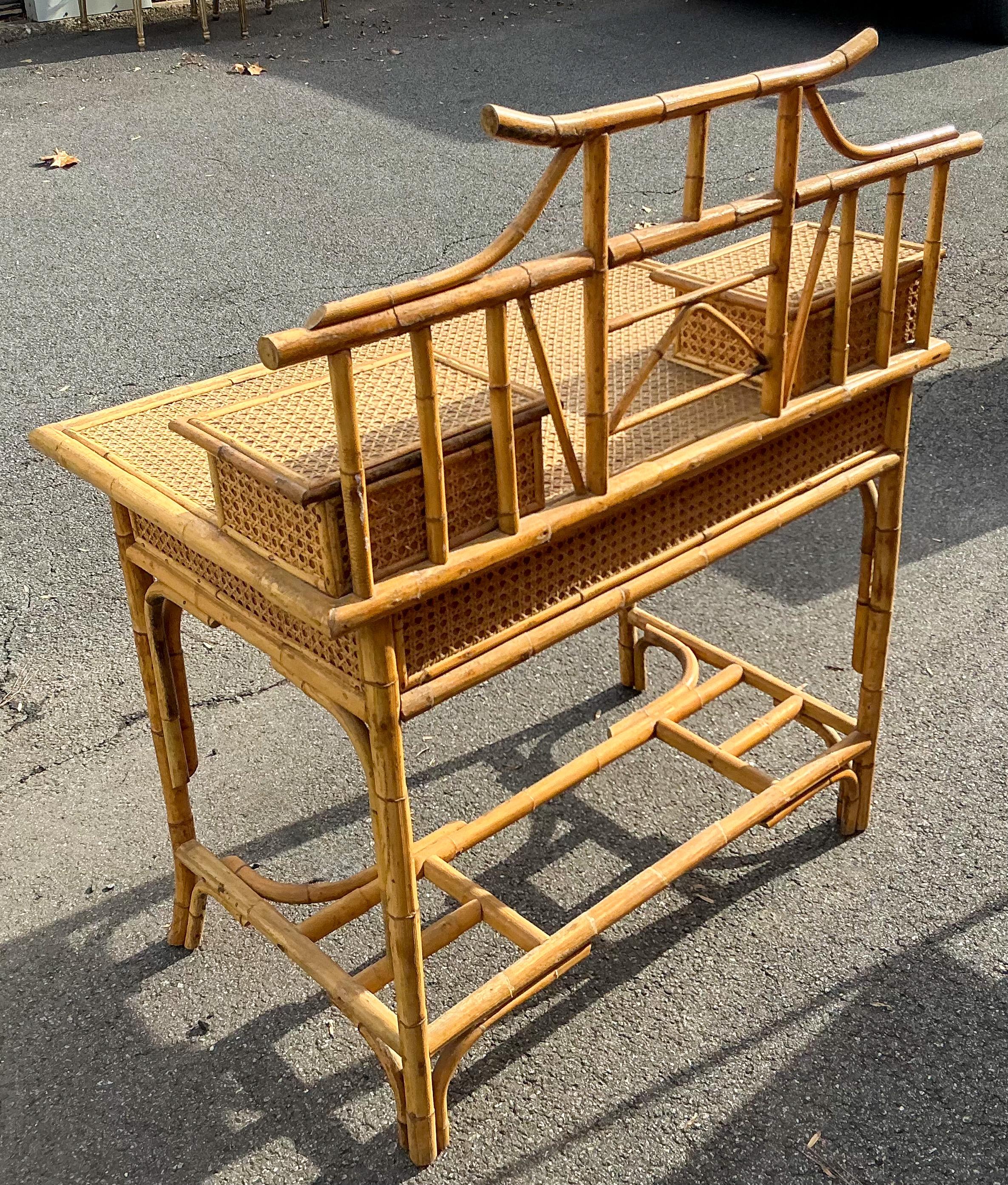Philippine Palm Beach Chic Bamboo & Cane Chinoiserie Pagoda Form Desk