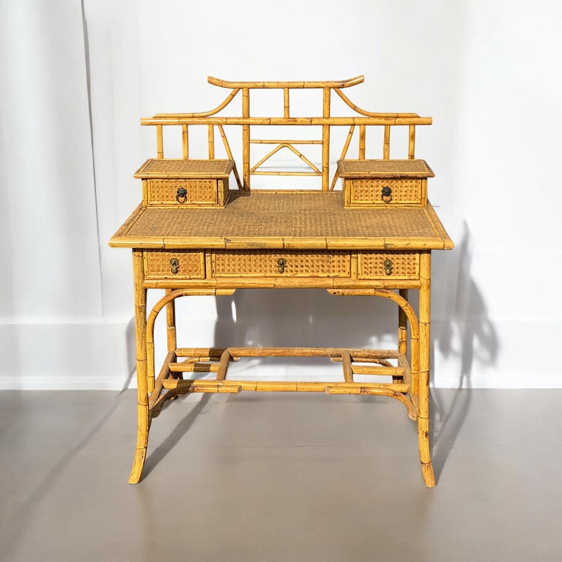 Brass Palm Beach Chic Bamboo & Cane Chinoiserie Pagoda Form Desk