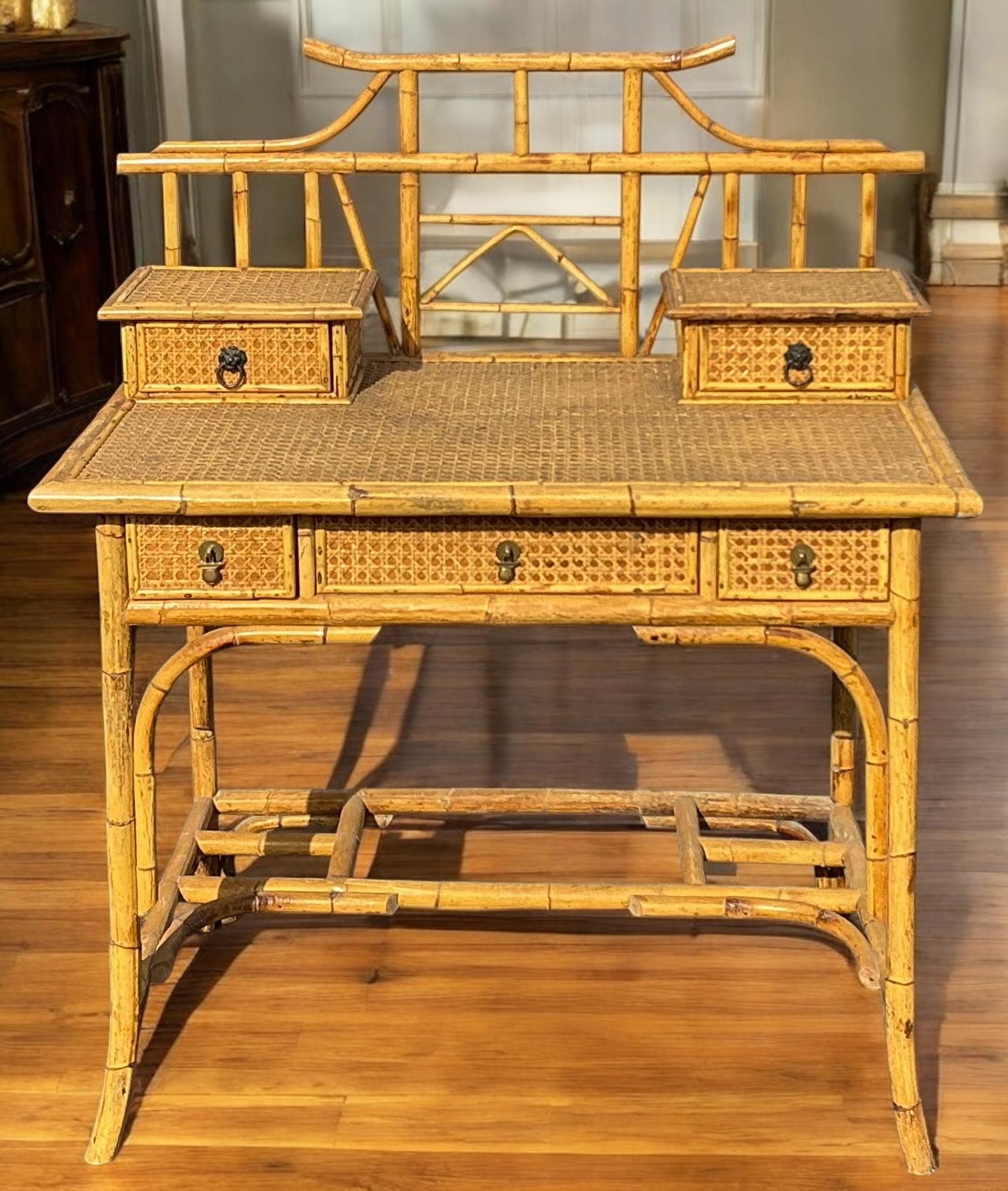 Palm Beach Chic Bamboo & Cane Chinoiserie Pagoda Form Desk 1