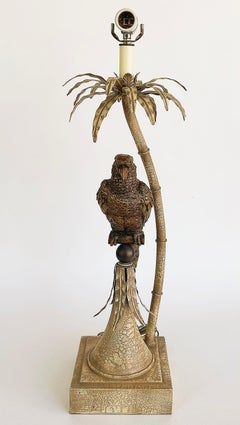 Palm Beach Chic Brass Macaw Parrot Tole Palm Tree Lamp