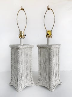 Palm Beach Coastal Chic White Wicker Table Lamps with Harps and Finials, a Pair