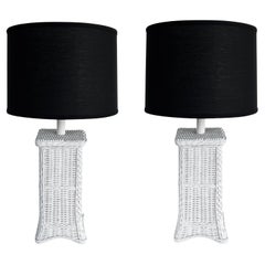 Palm Beach Coastal Chic White Wicker Table Lamps with Harps and Finials, a Pair
