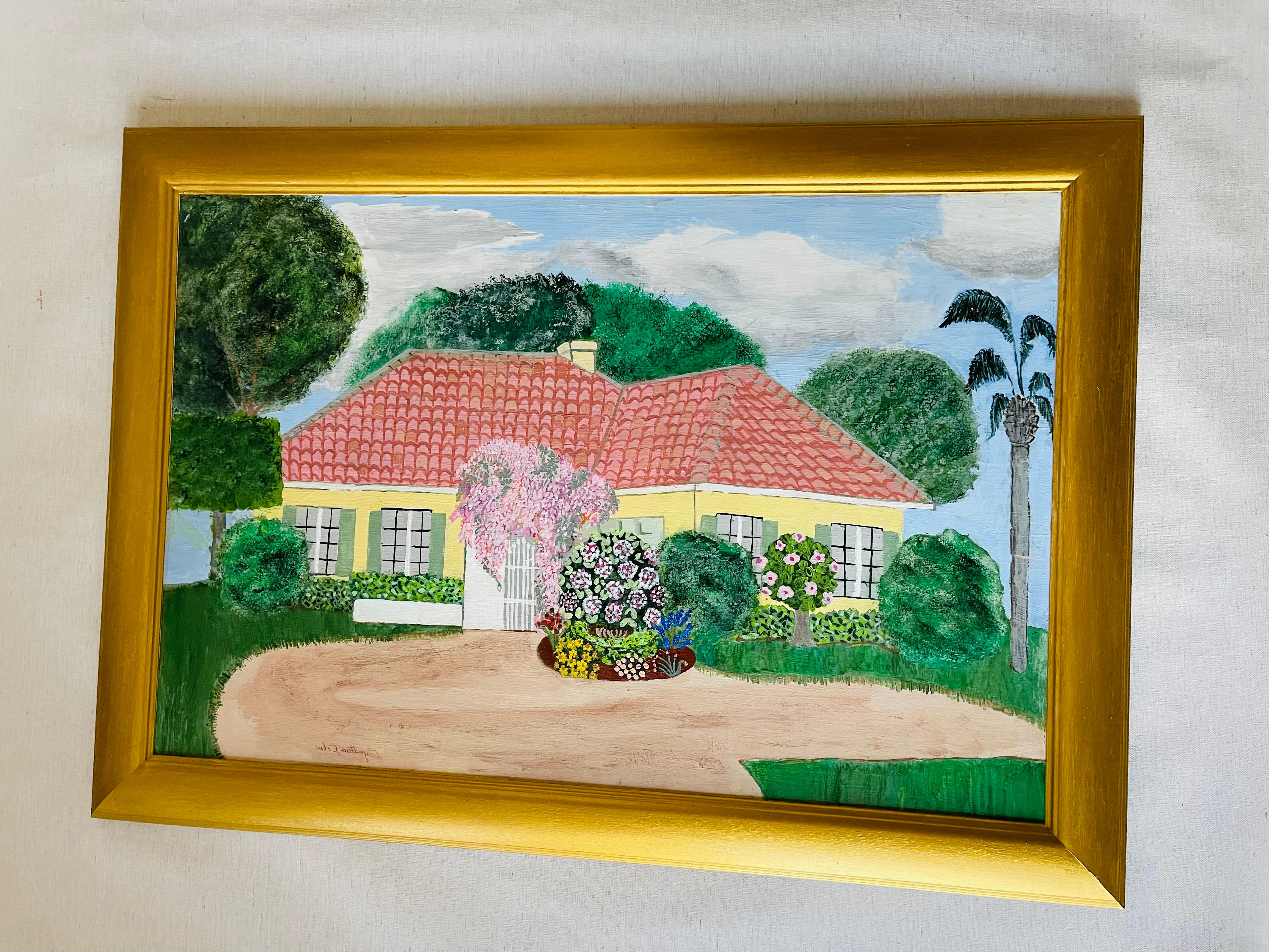 Vintage Originalgemälde auf Leinwand Palm Beach cottage, signiert unten rechts Cynthia Cohen. In einem breiten goldfarbenen Rahmen. Guter Zustand.