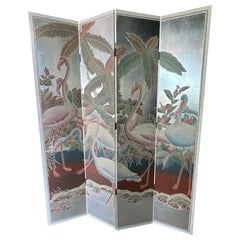 Palm Beach Flamingo Bird Painted Tree Silver Leaf Screen Room Divider 4 Panel