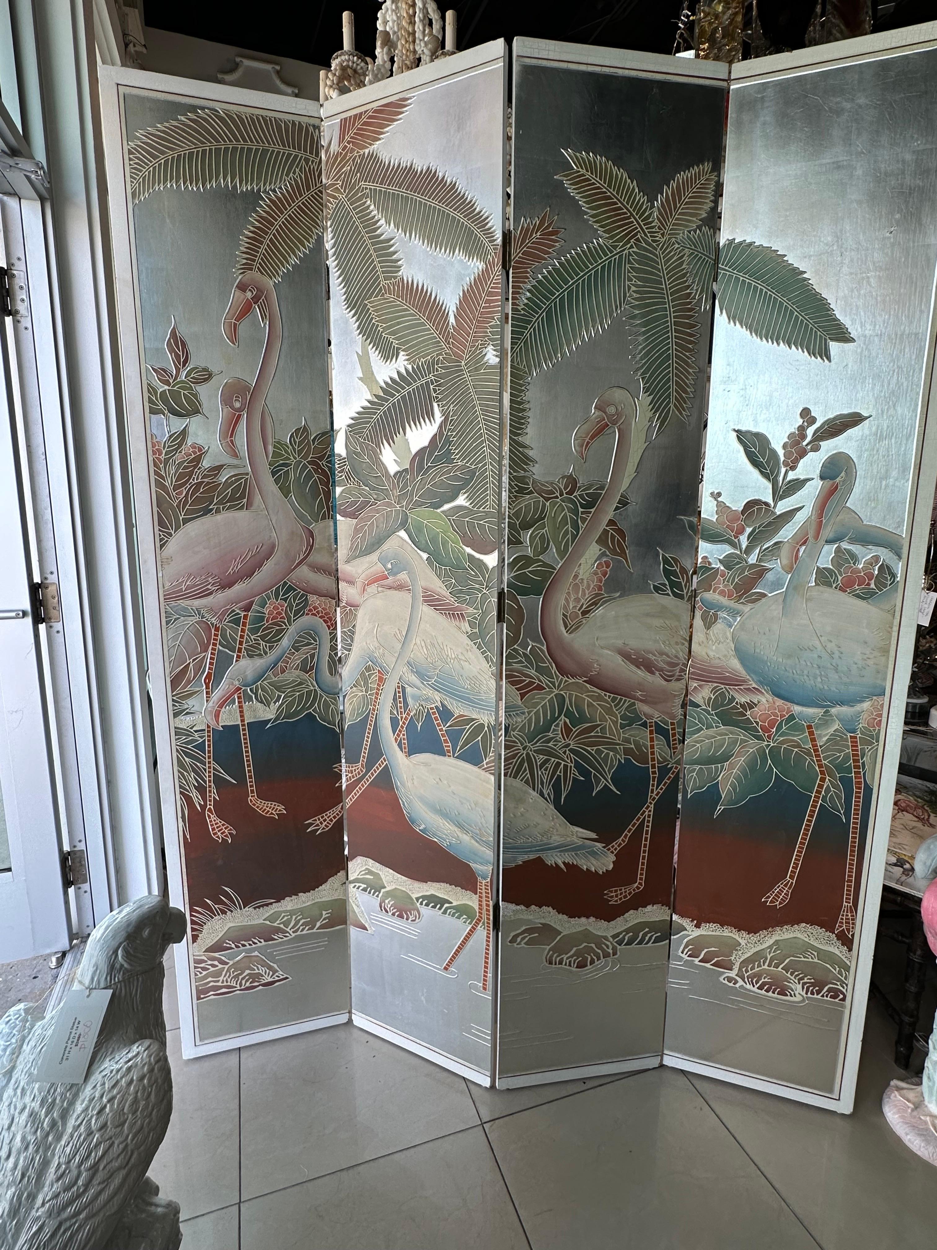  Palm Beach Flamingo Bird Painted Tree Silver Leaf Screen Room Divider 4 Panel For Sale 4
