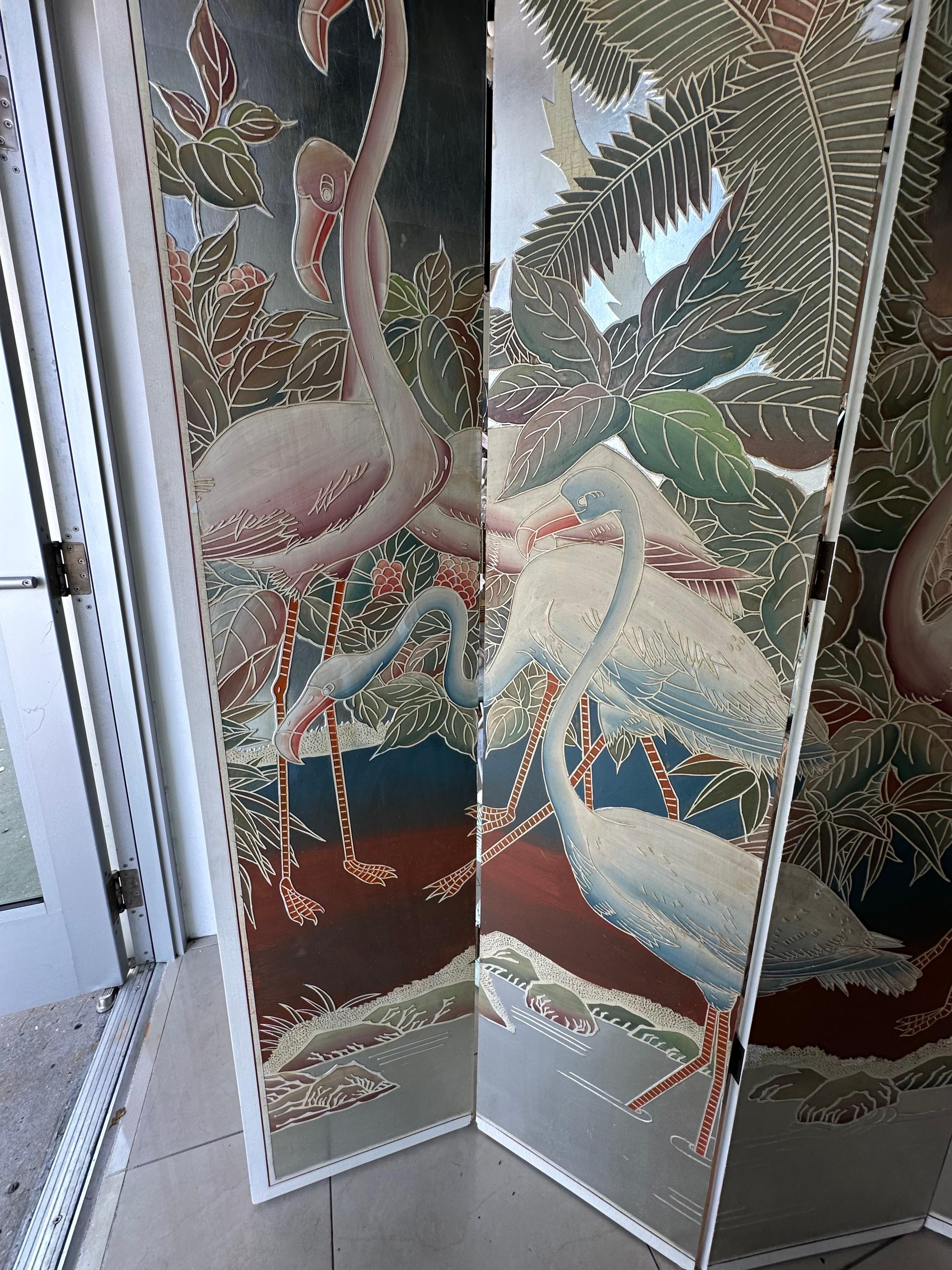  Paravent de Palm Beach avec oiseaux flamants peints en feuilles d'argent Diviseur de pièce 4 panneaux en vente 4