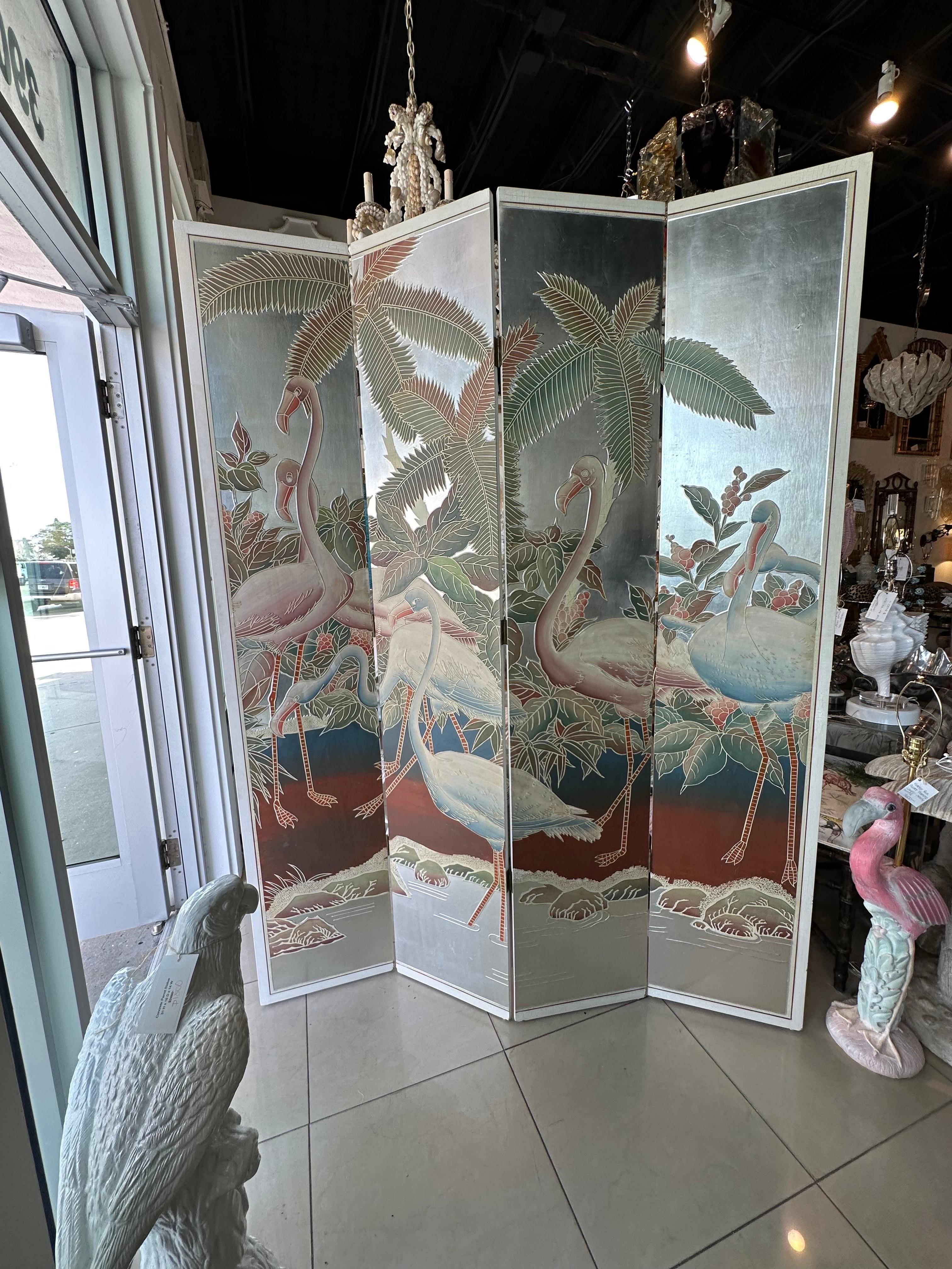  Palm Beach Flamingo Bird Painted Tree Silver Leaf Screen Room Divider 4 Panel For Sale 9