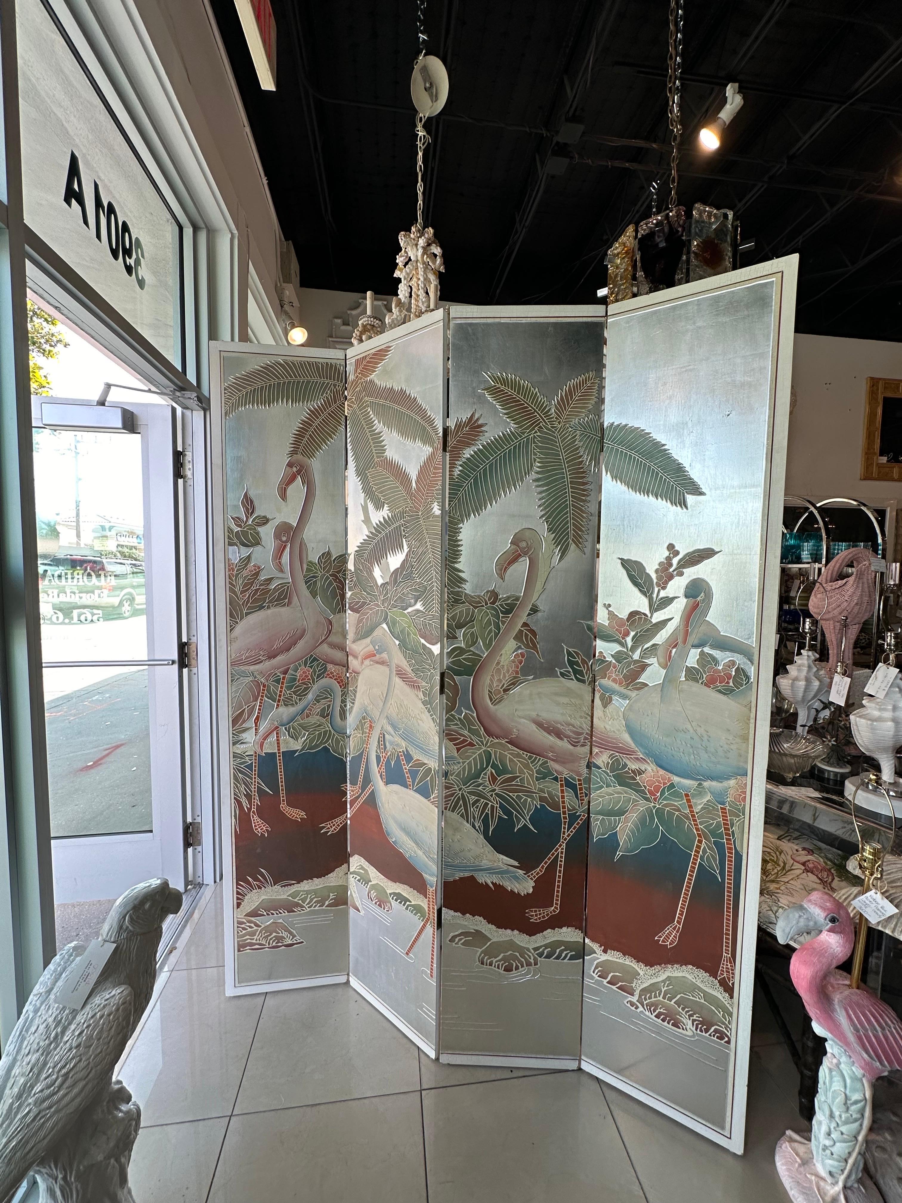  Palm Beach Flamingo Bird Painted Tree Silver Leaf Screen Room Divider 4 Panel For Sale 10
