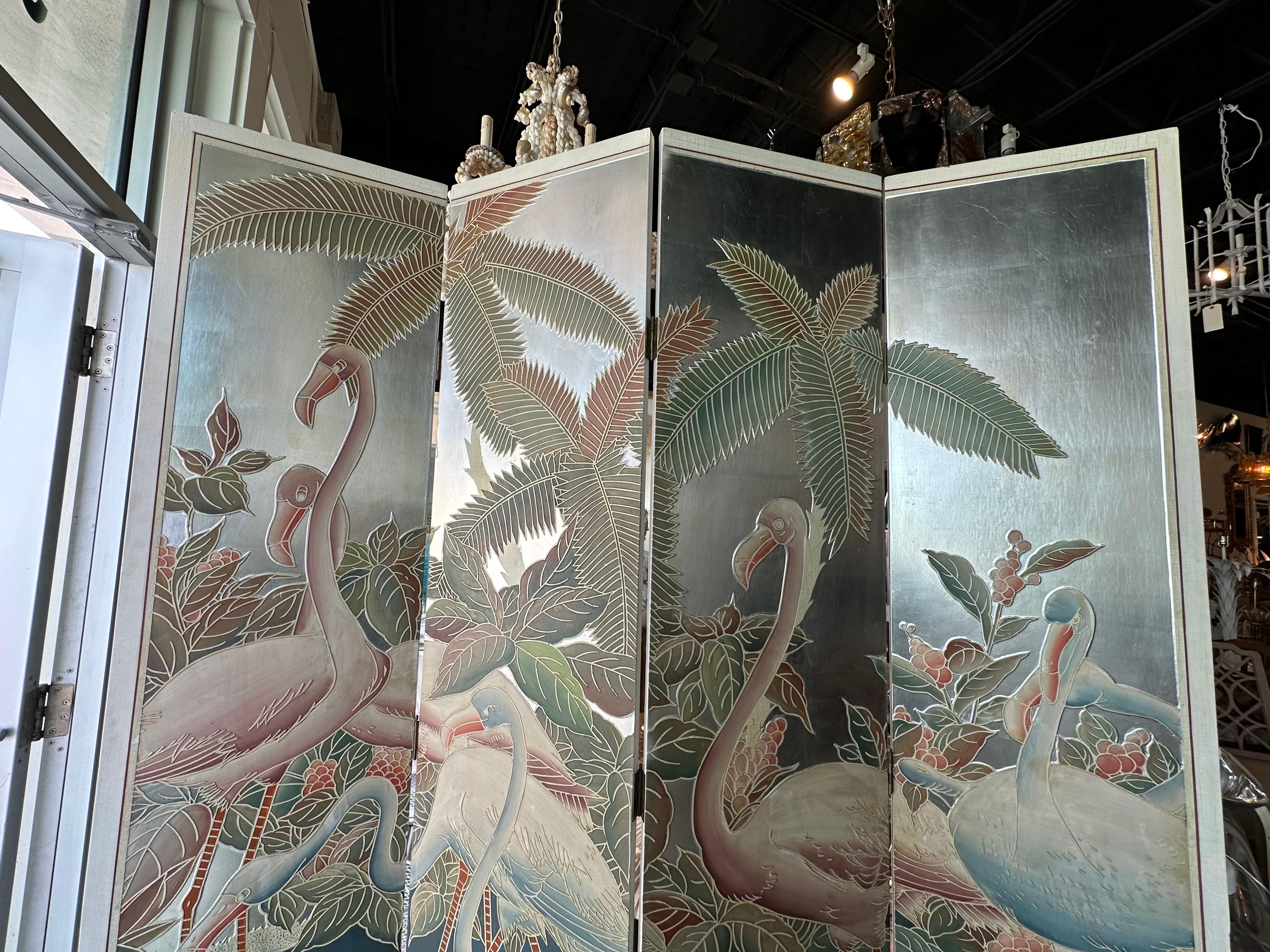  Palm Beach Flamingo Bird Painted Tree Silver Leaf Screen Room Divider 4 Panel For Sale 12