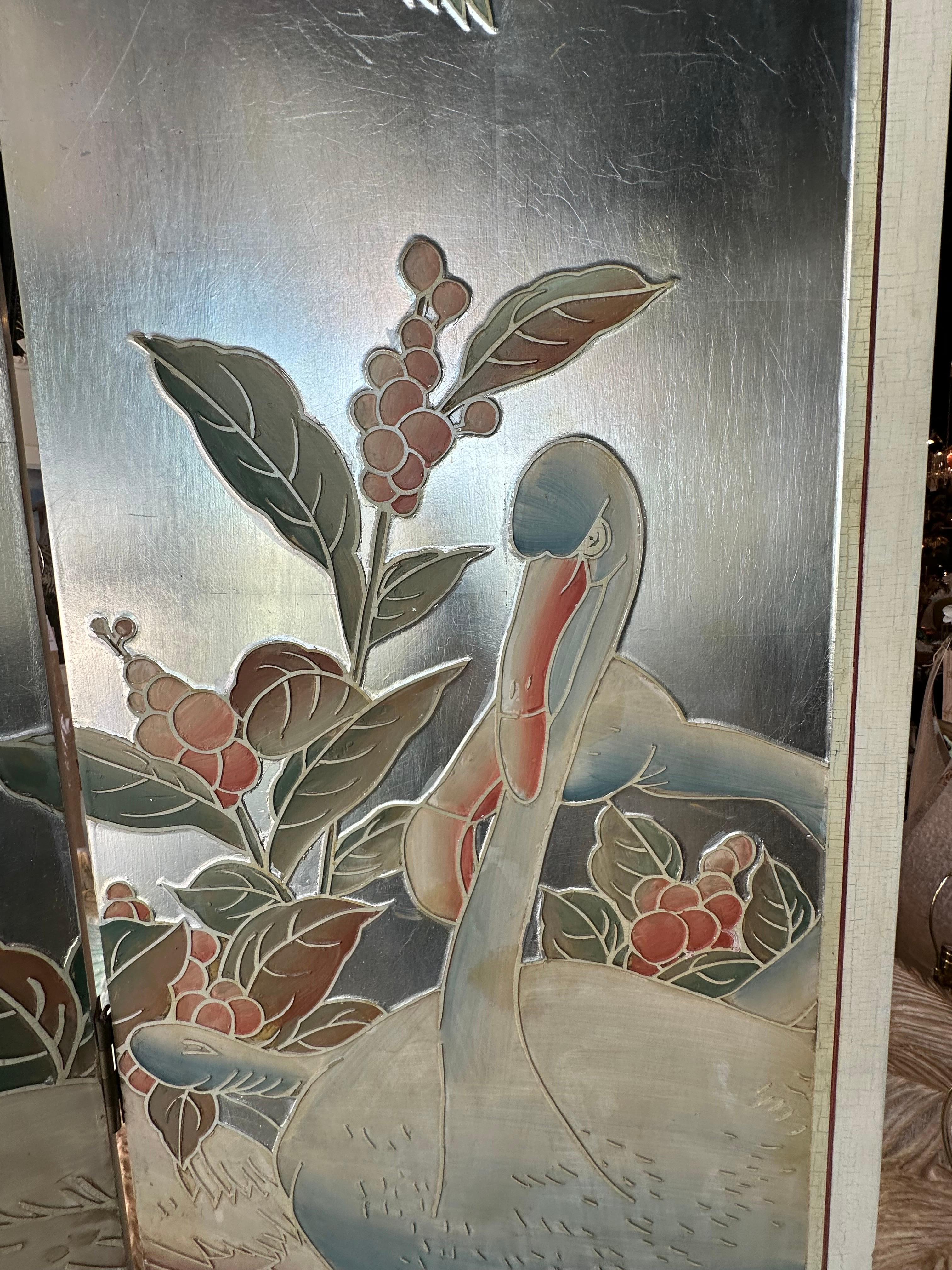  Palm Beach Flamingo Bird Painted Tree Silver Leaf Screen Room Divider 4 Panel For Sale 13