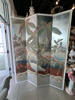 Palm Beach Flamingo Bird Painted Tree Silver Leaf Screen Room Divider 4 Panel