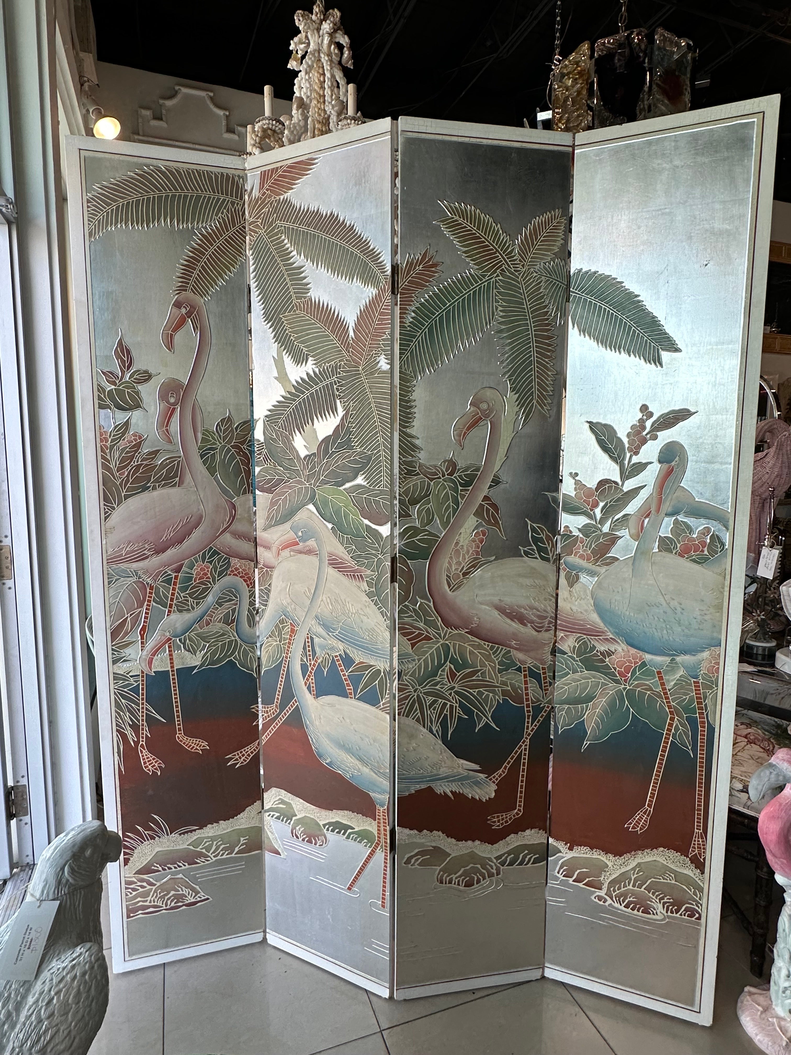 Chinoiserie  Palm Beach Flamingo Bird Painted Tree Silver Leaf Screen Room Divider 4 Panel For Sale