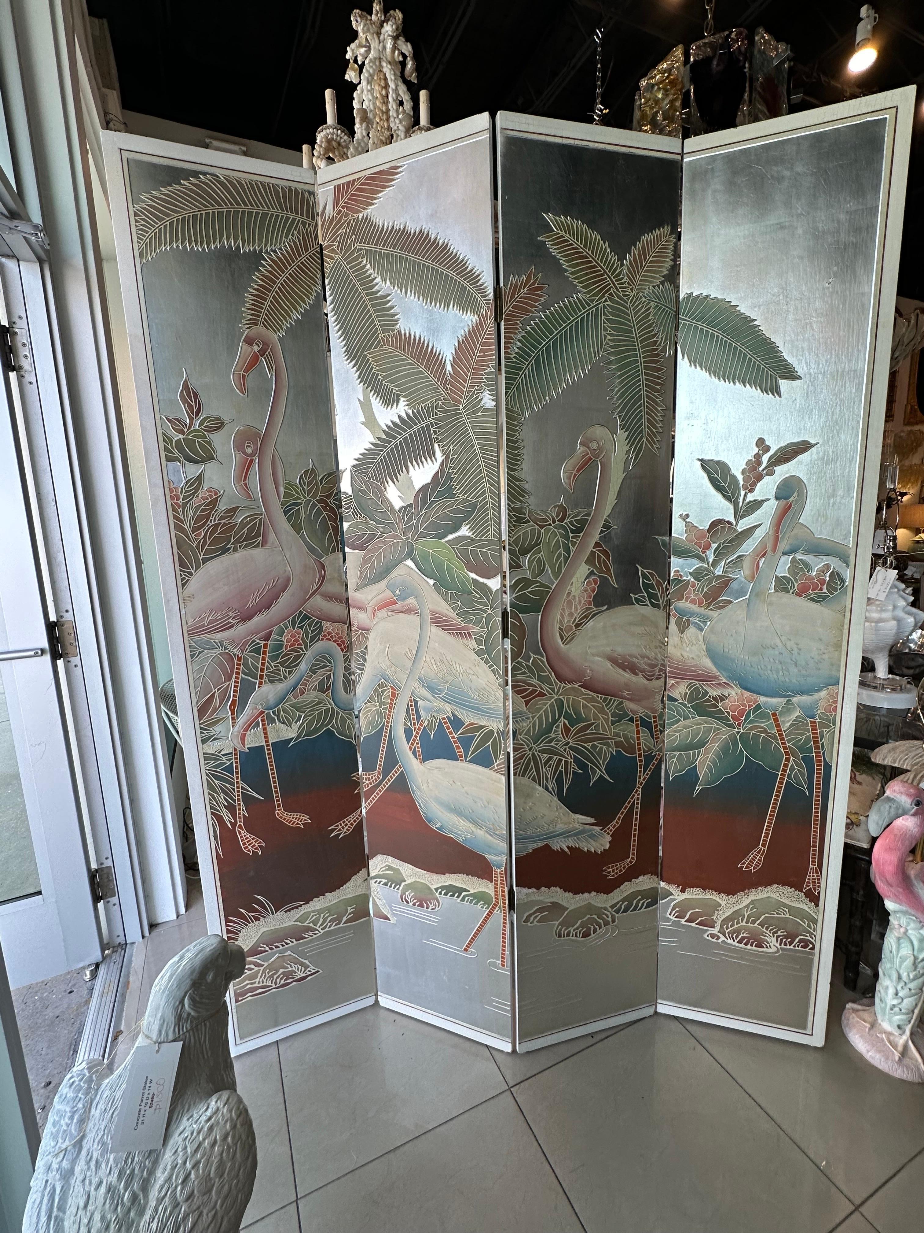  Palm Beach Flamingo Bird Painted Tree Silver Leaf Screen Room Divider 4 Panel In Good Condition For Sale In West Palm Beach, FL
