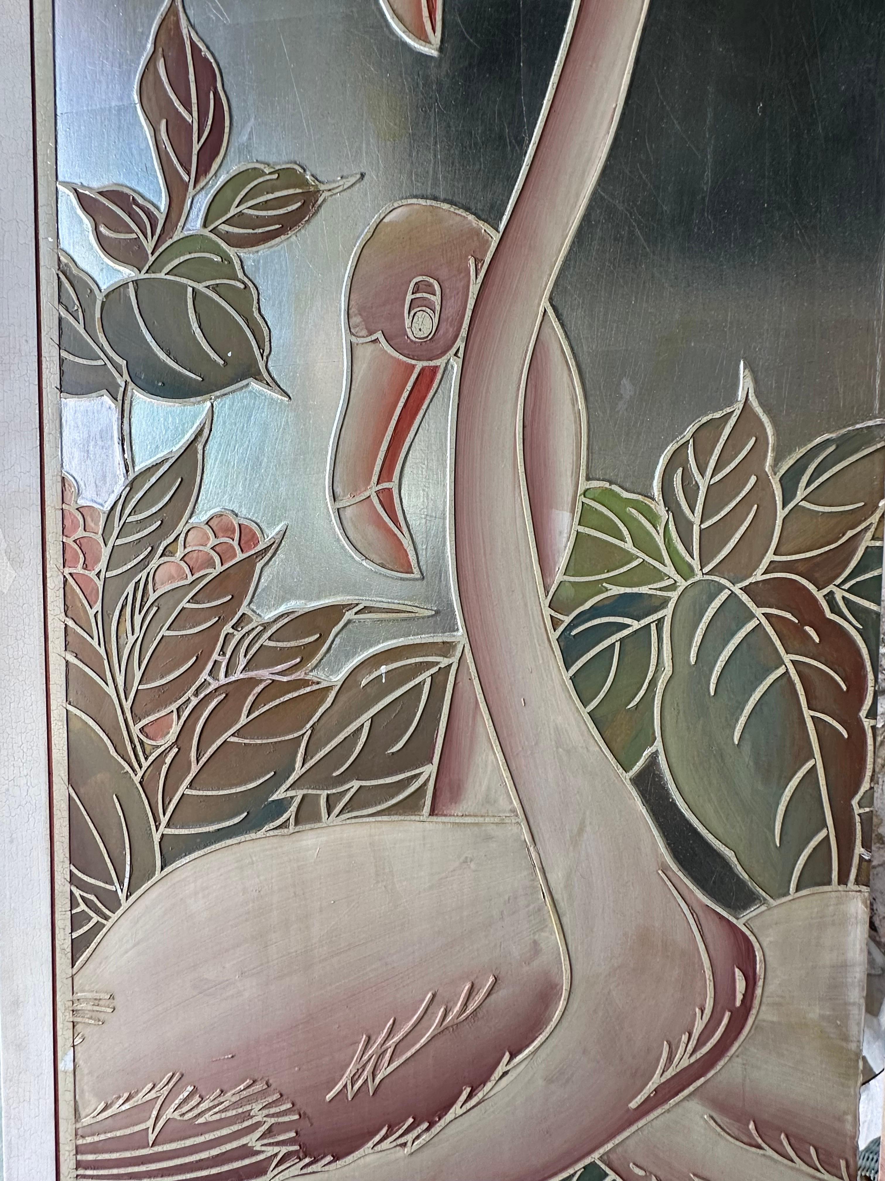  Palm Beach Flamingo Vogel bemalter Baum-Silberblatt-Raumteiler mit 4 Tafeln im Angebot 1