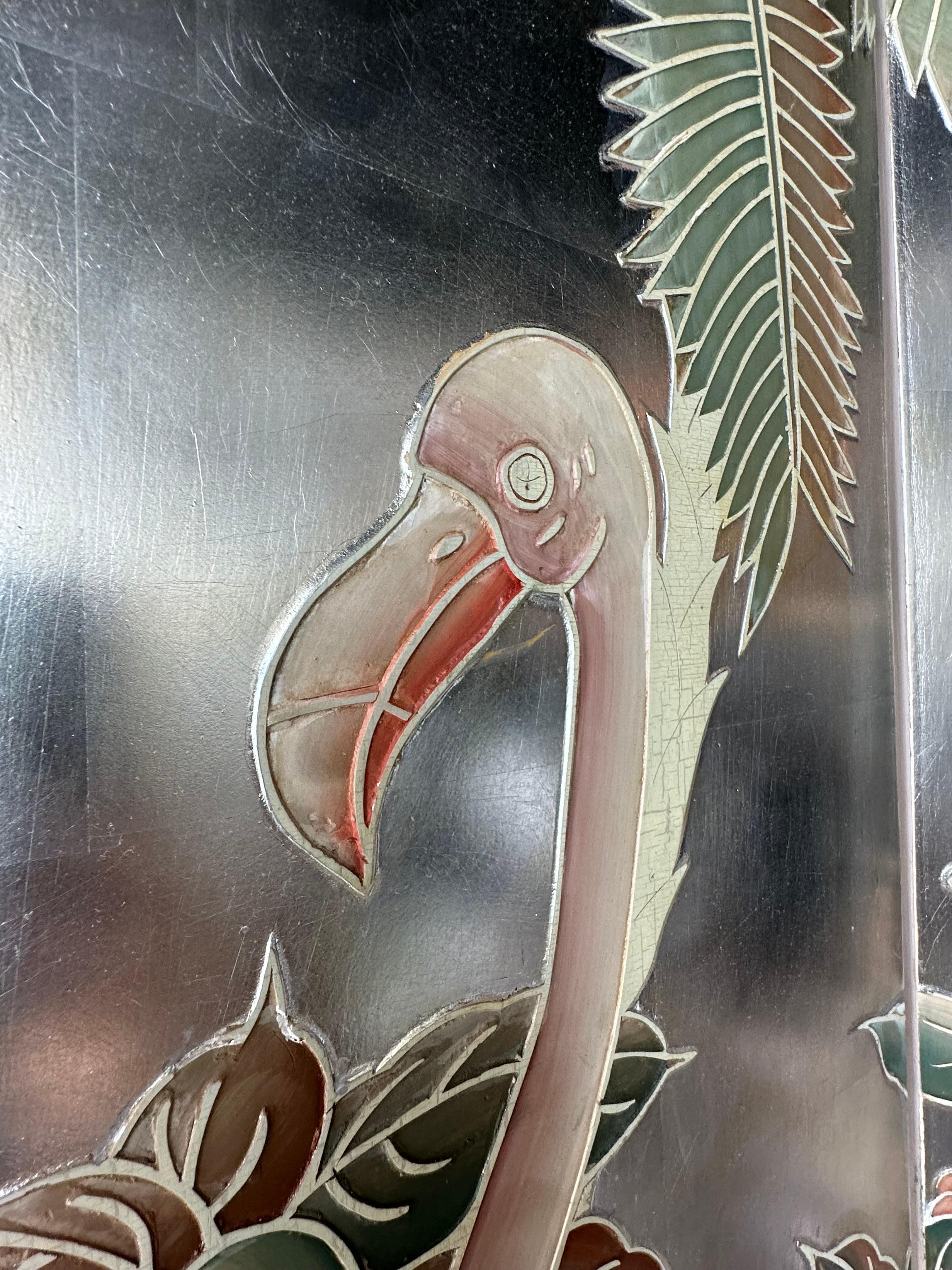  Paravent de Palm Beach avec oiseaux flamants peints en feuilles d'argent Diviseur de pièce 4 panneaux en vente 2