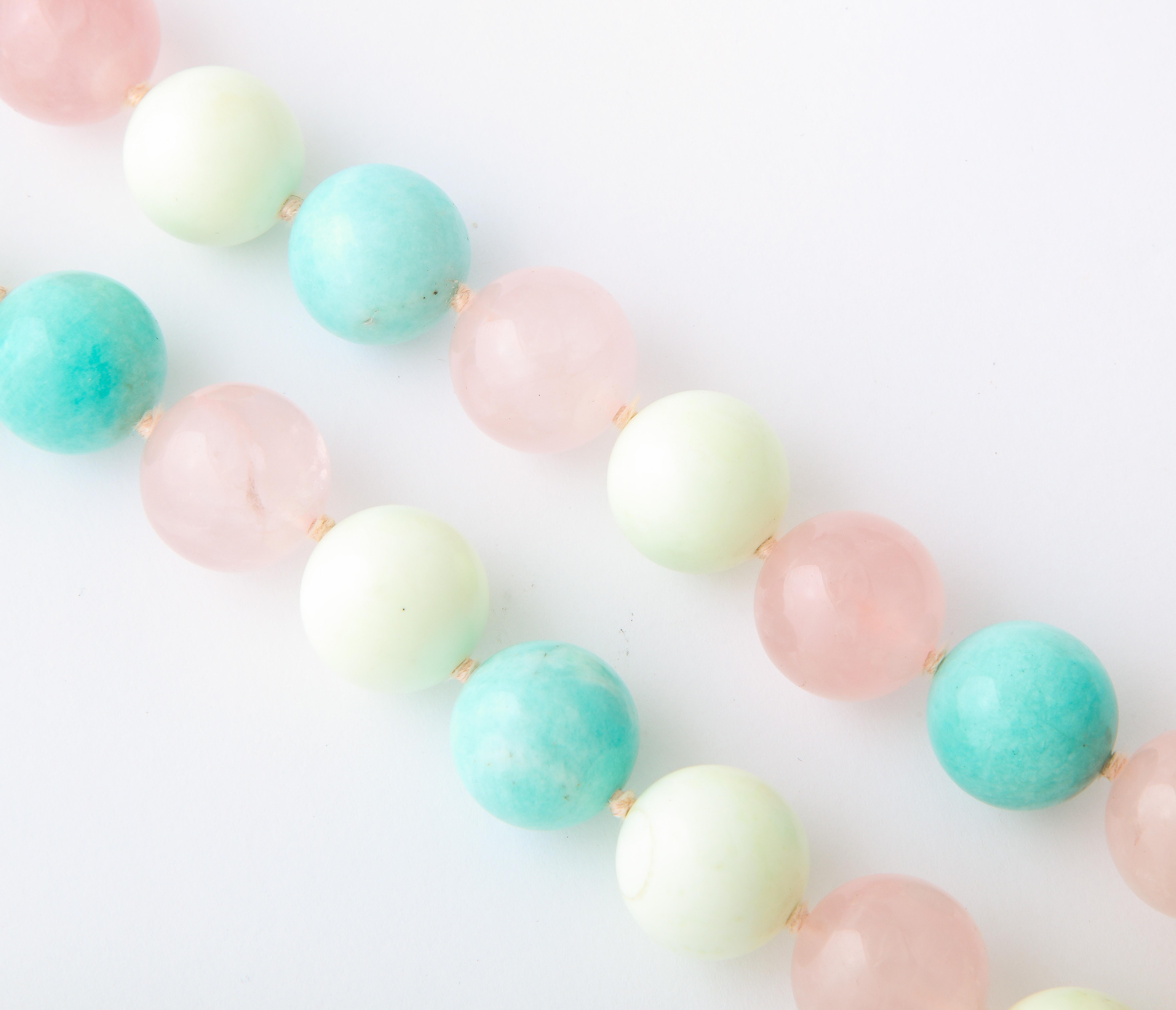 Palm Beach Genuine Rose Quartz Amazonite Chalcedony 17MM Bead 22Inch Necklace In New Condition In New York, NY