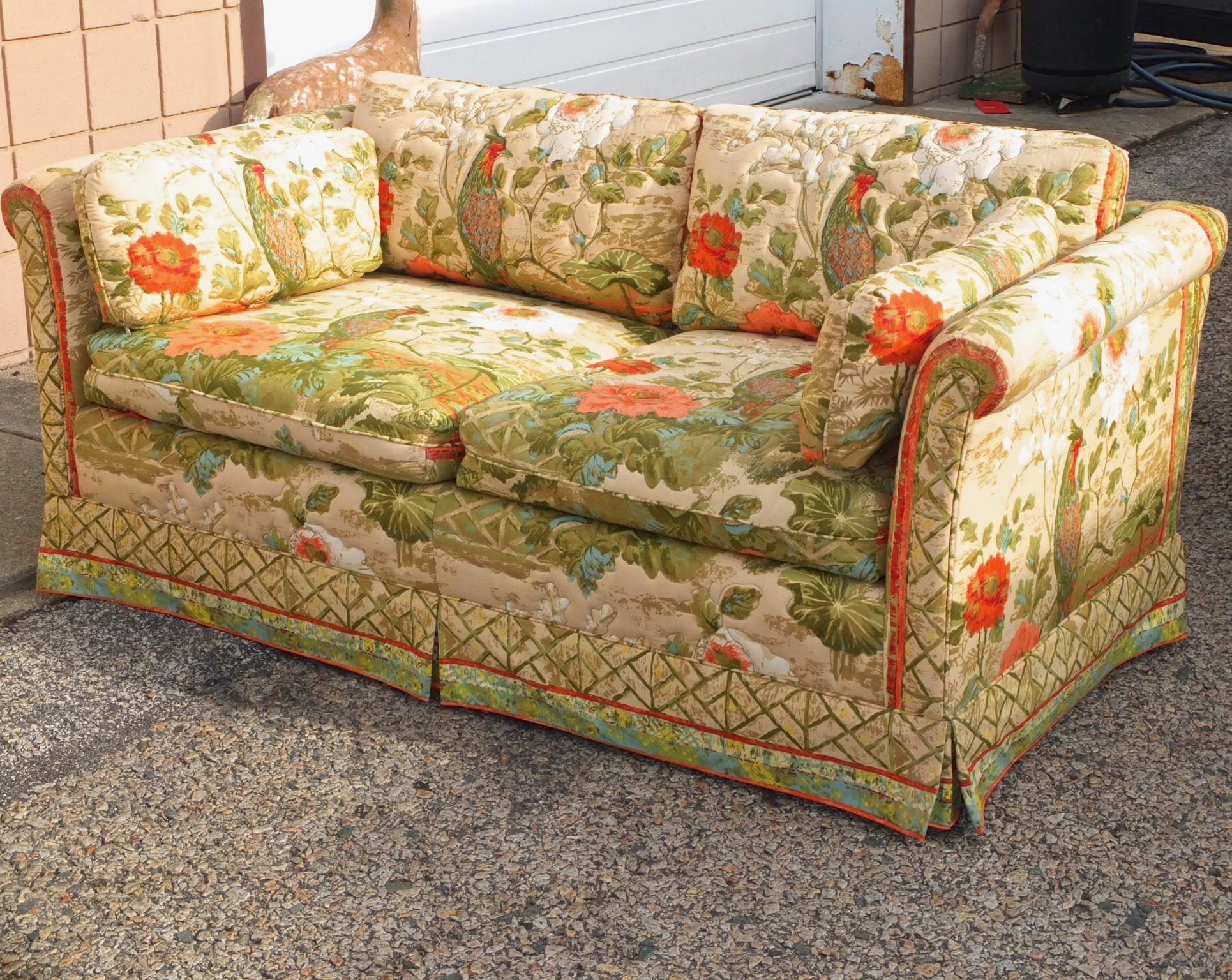 Love seat size sofa upholstered in famous vintage quilted cotton ‘Peony Garden’ from the Jasmine and Jade Collection, by Greeff, for Warner and Sons.
Undoubtedly many will recognize and feel a twang of nostalgia for your parent's home, or