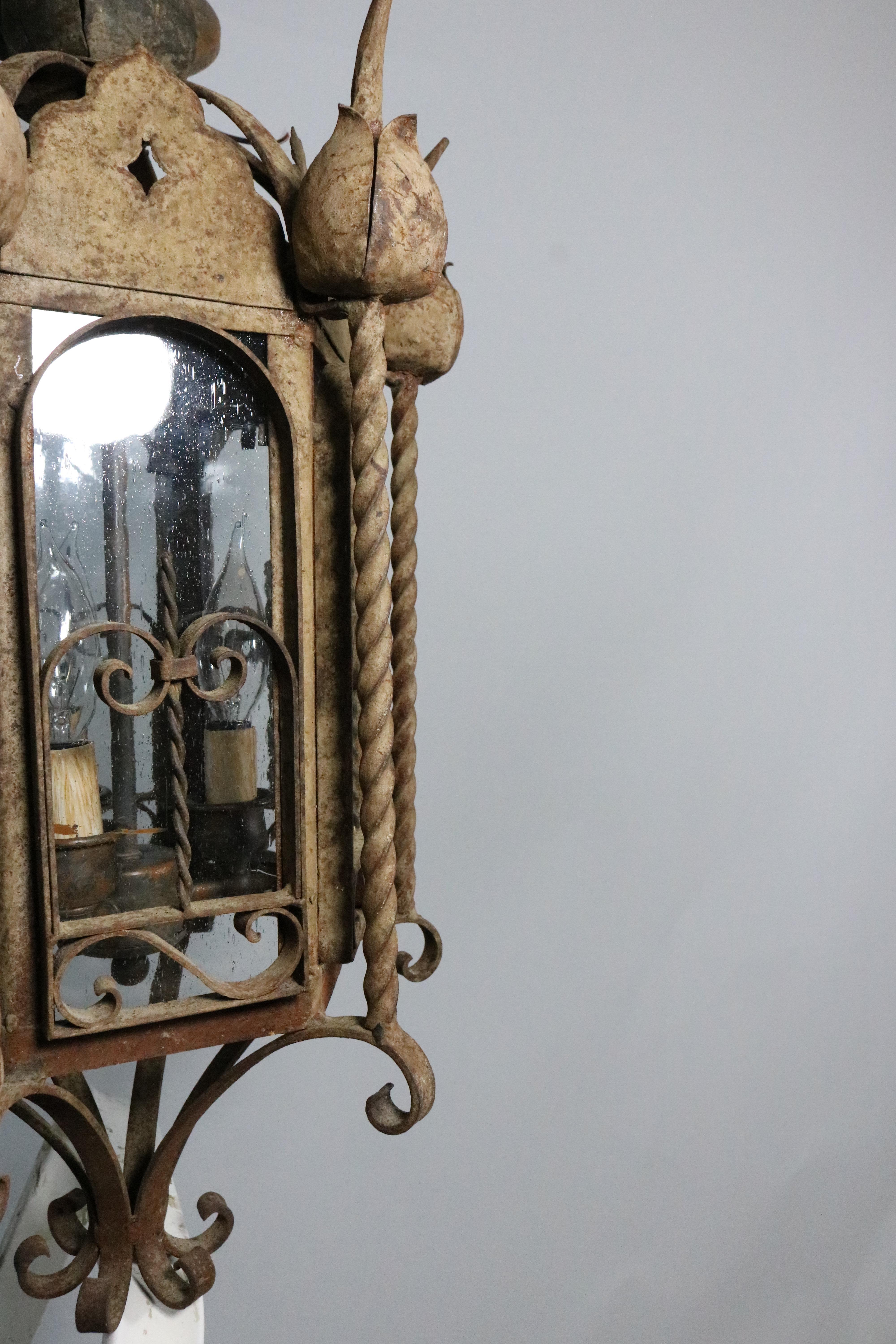 Palm Beach Mizner Pair Seed Glass Iron Lanterns-Rusticated Finish, 1900s For Sale 4