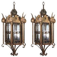 Antique Palm Beach Mizner Pair Seed Glass Iron Lanterns-Rusticated Finish, 1900s