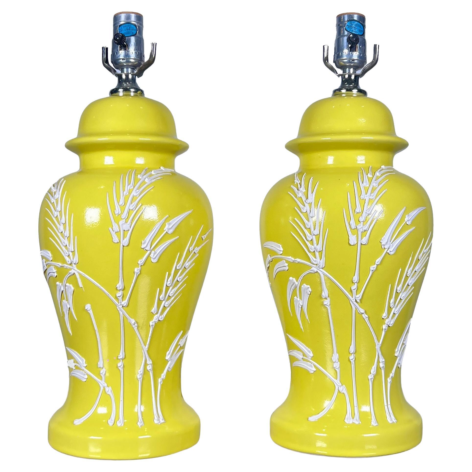 Palm Beach Regency Ceramic Ginger Jar Table Lamps with Wheat Stalks, Pair