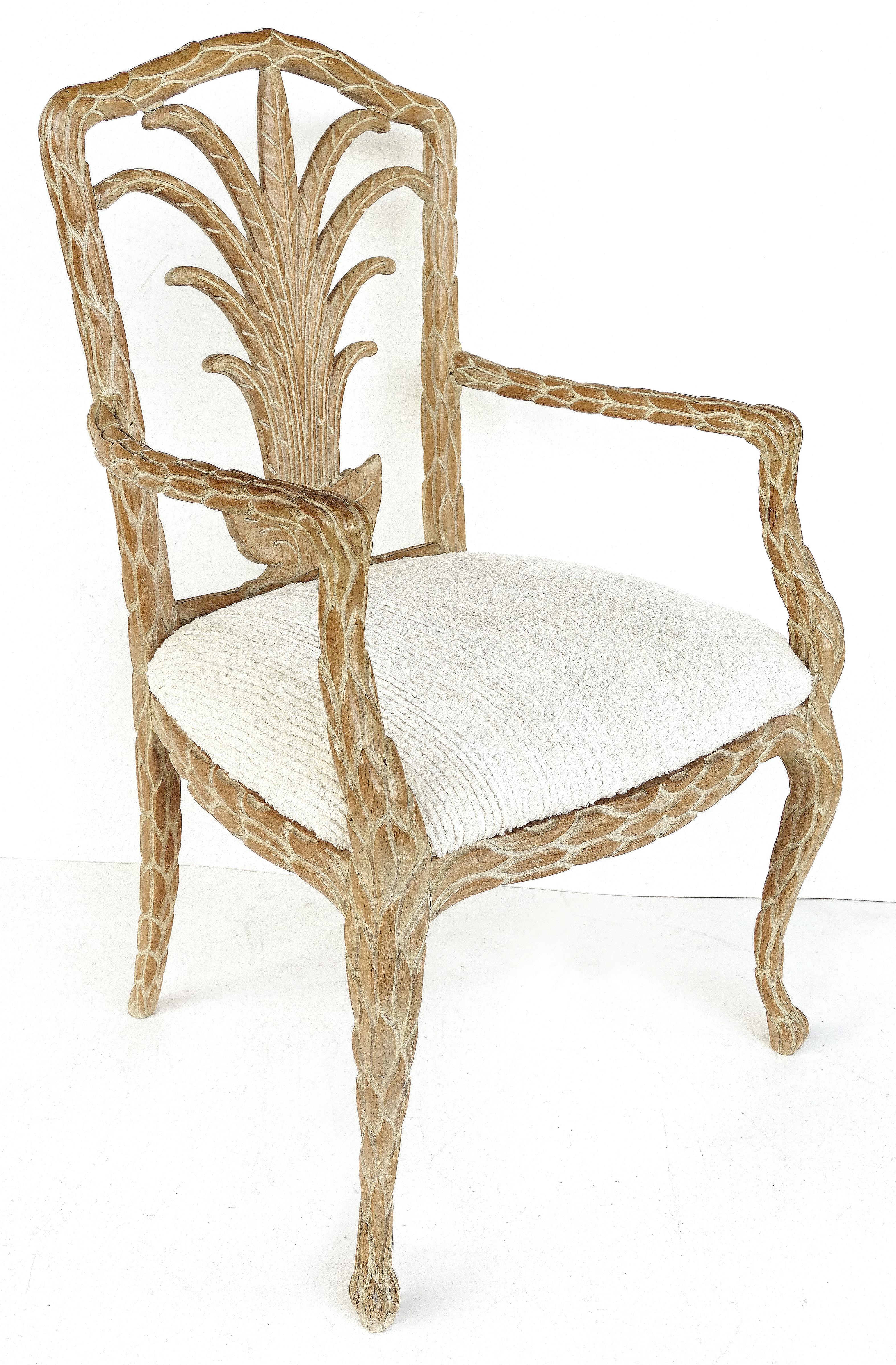 Hand-Carved Palm Beach Regency Kreiss Faux Bois Carved Armchairs, a Pair