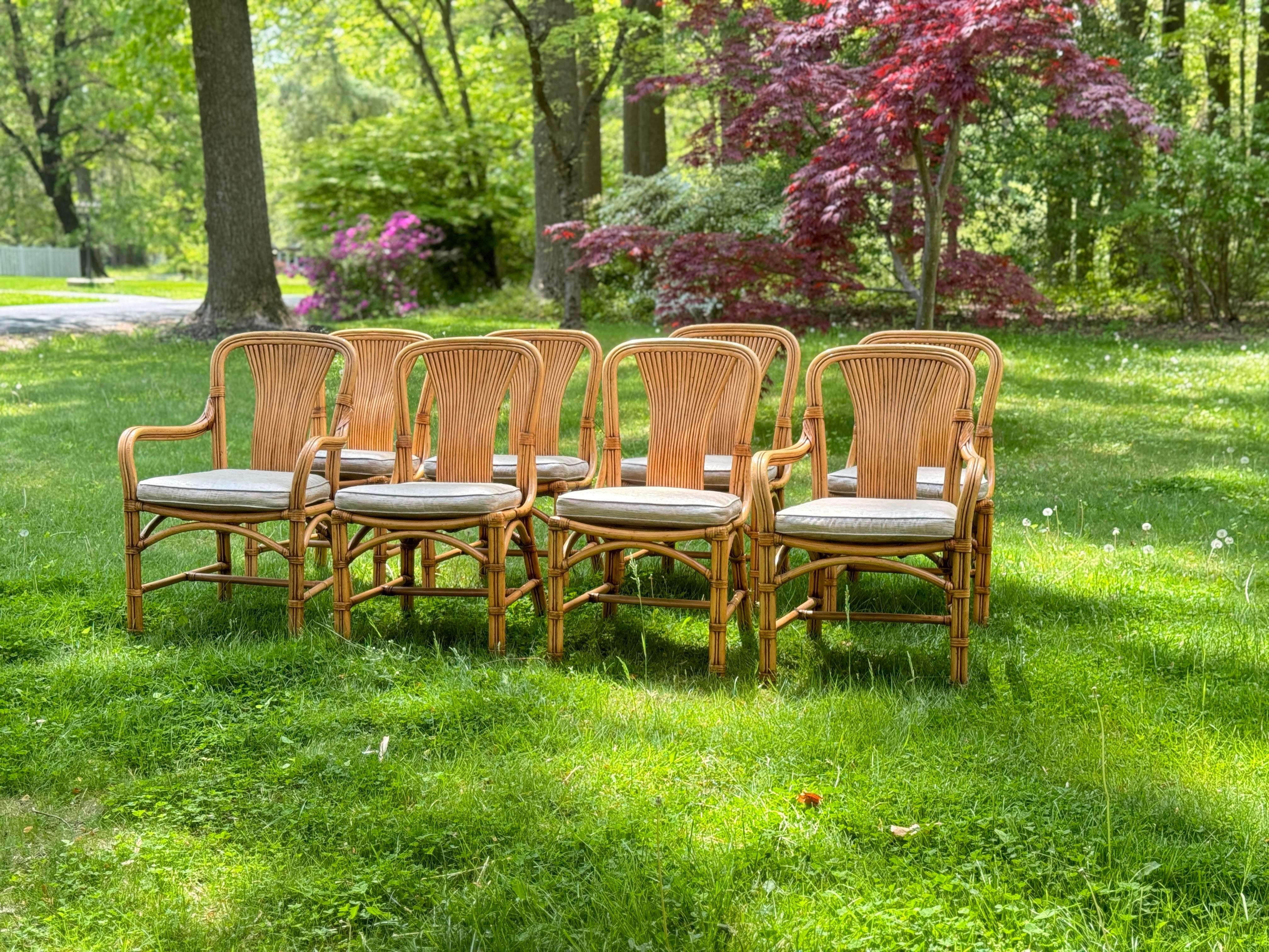 Bohemian Palm Beach Regency Style Bamboo Dining Chairs With Curved Back - Set of 8 For Sale