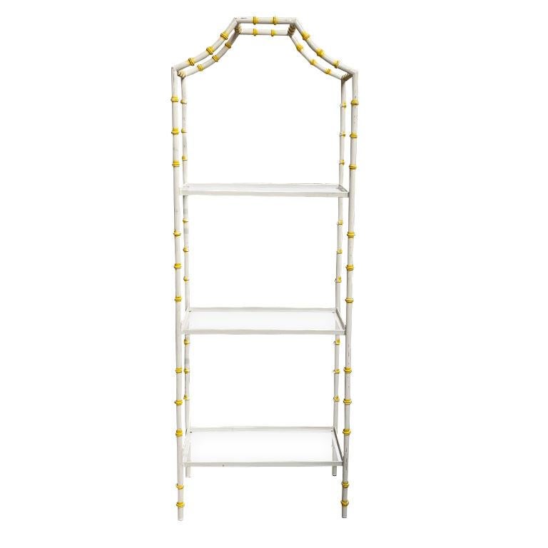 Hollywood Regency Palm Beach Regency Yellow and Cream Faux Bamboo Pagoda Glass Book Shelf Etagere